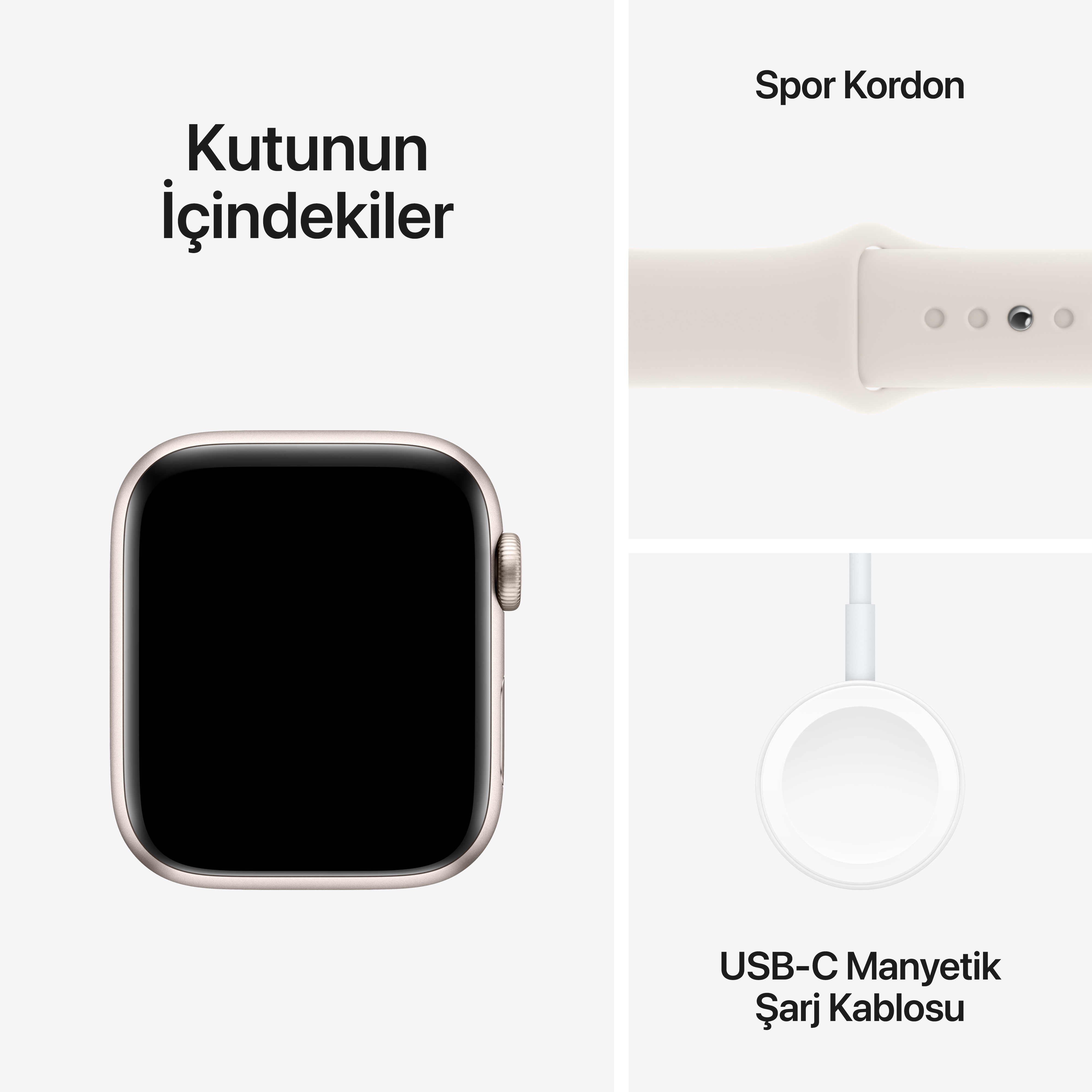 Apple Watch, Sport kayış ve beyaz USB-C manyetik şarj kablosu, hepsi beyaz yüzeyde.