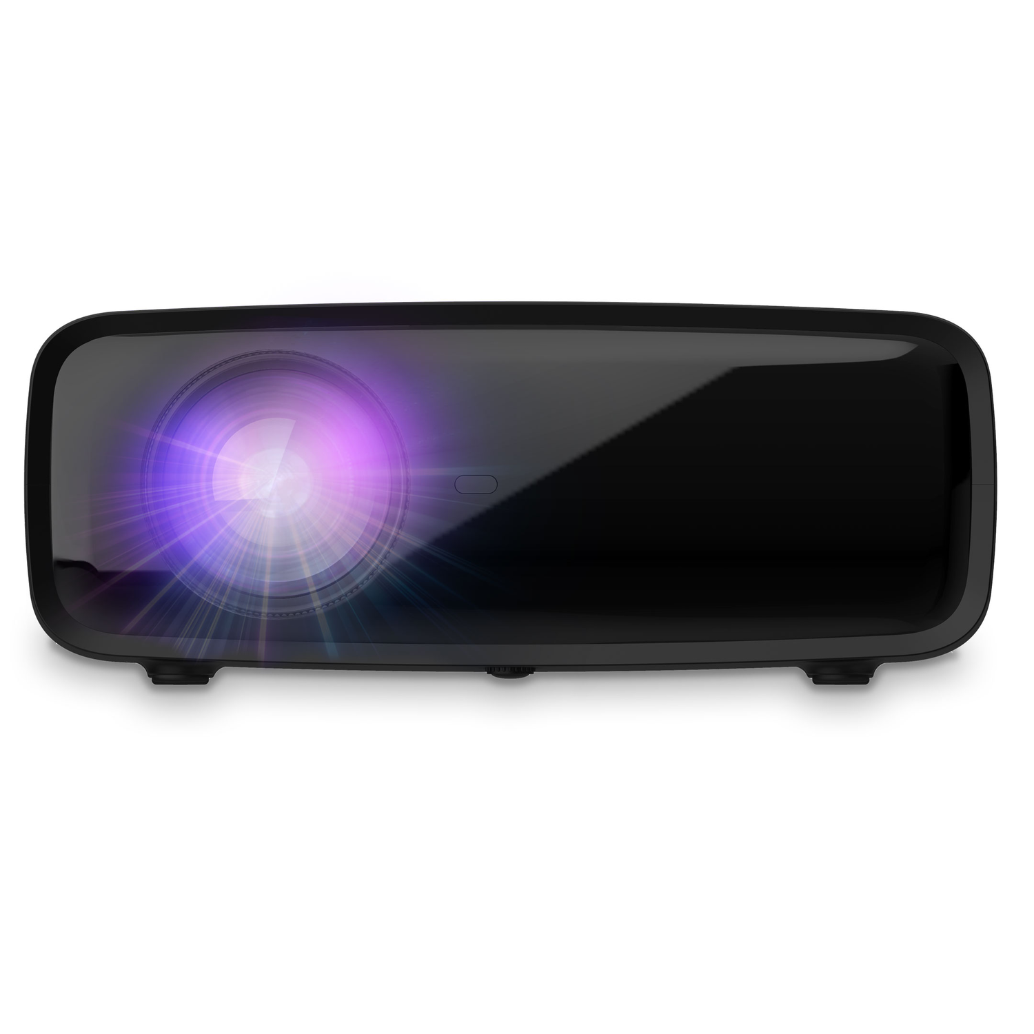 Black projector emitting a purple light. White background.