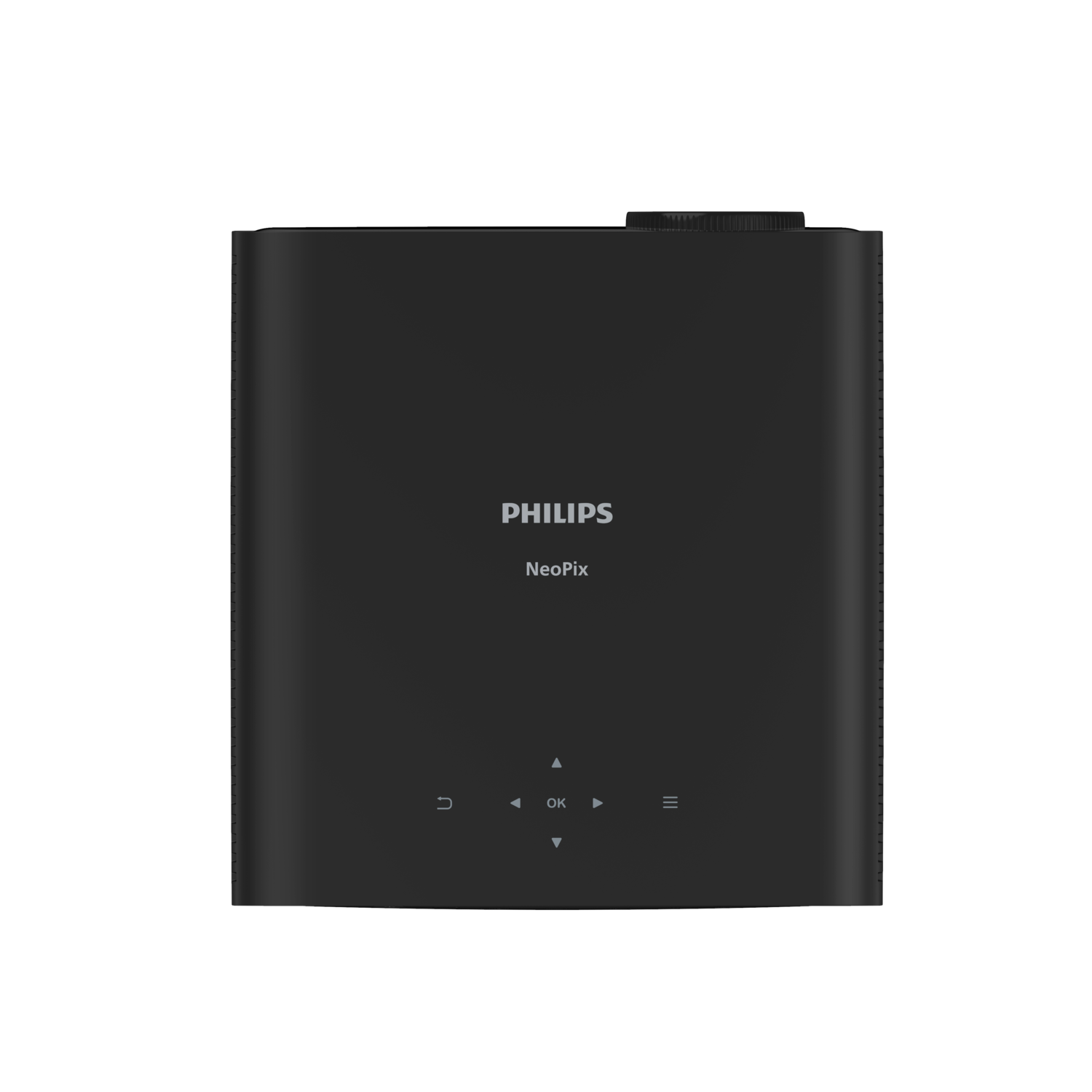 Black Philips NeoPix projector with control buttons, on black background.
