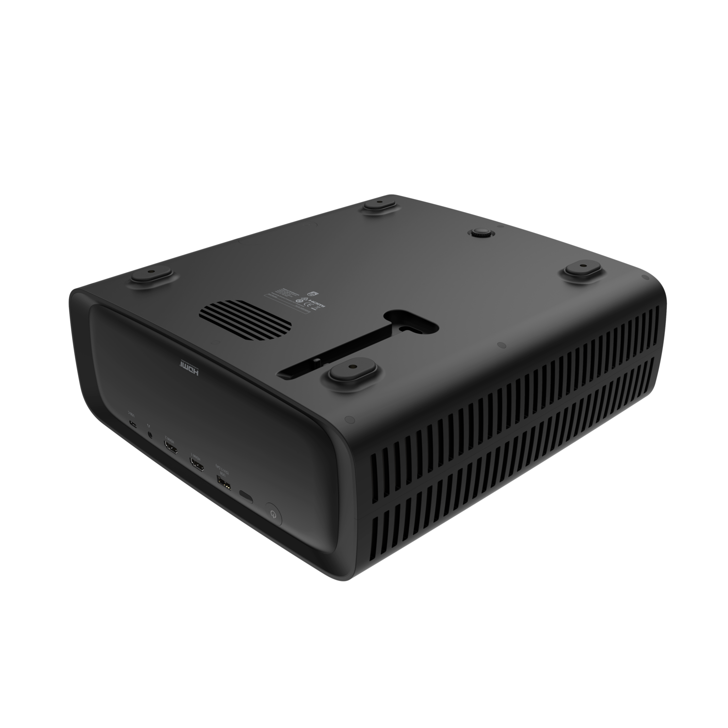 Black projector, bottom view, showing vents, ports, and feet. Shadowed background.