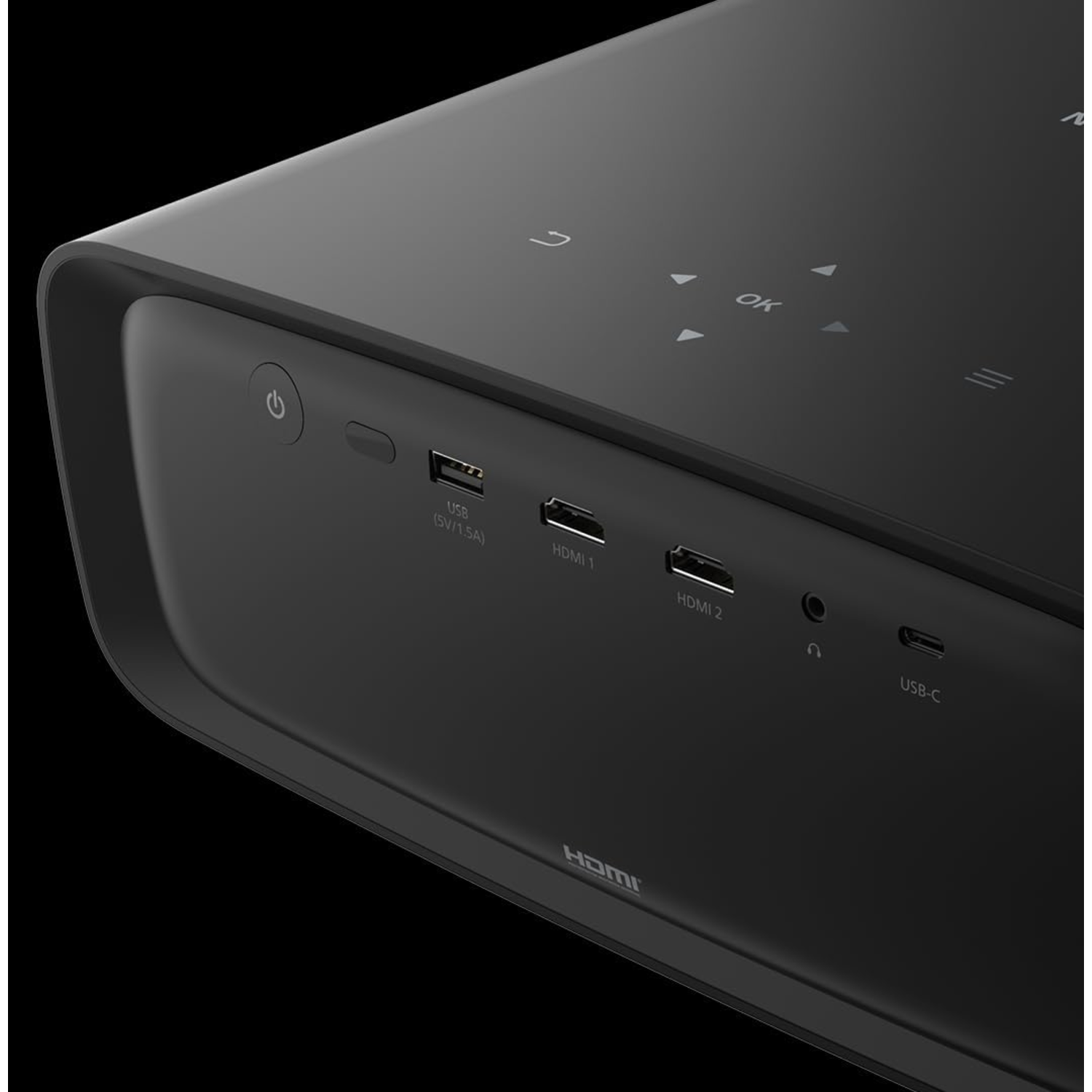 Black projector with USB, HDMI ports, and control buttons on the front panel.