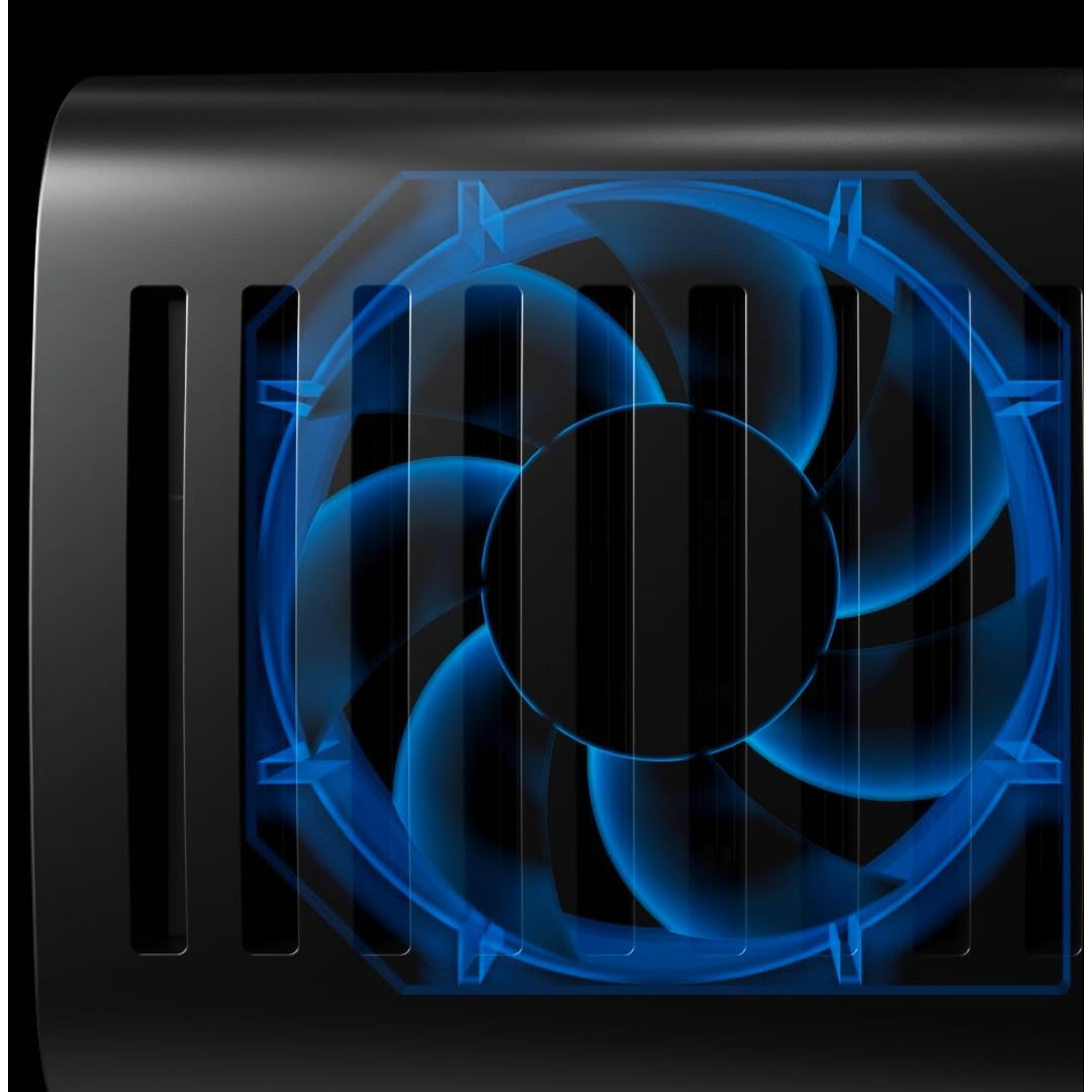 Blue fan blades inside a black device, visible through a grill.