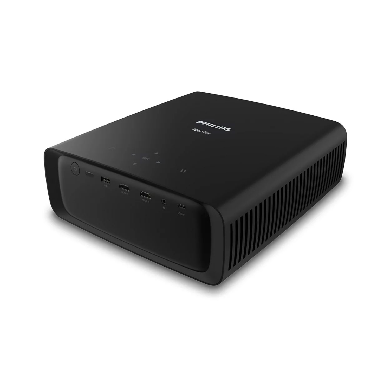 Zwarte projector met knoppen, een strak ontwerp en het Philips NeoPix logo.