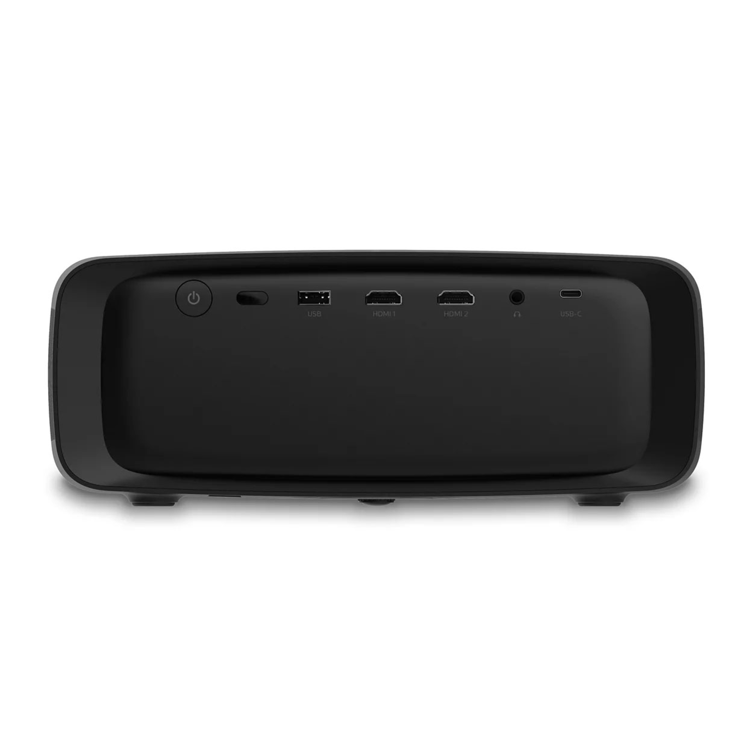 Zwarte projector achterkant met aansluitpoorten. Aan/uit-knop, USB, HDMI en USB-C poorten zichtbaar.
