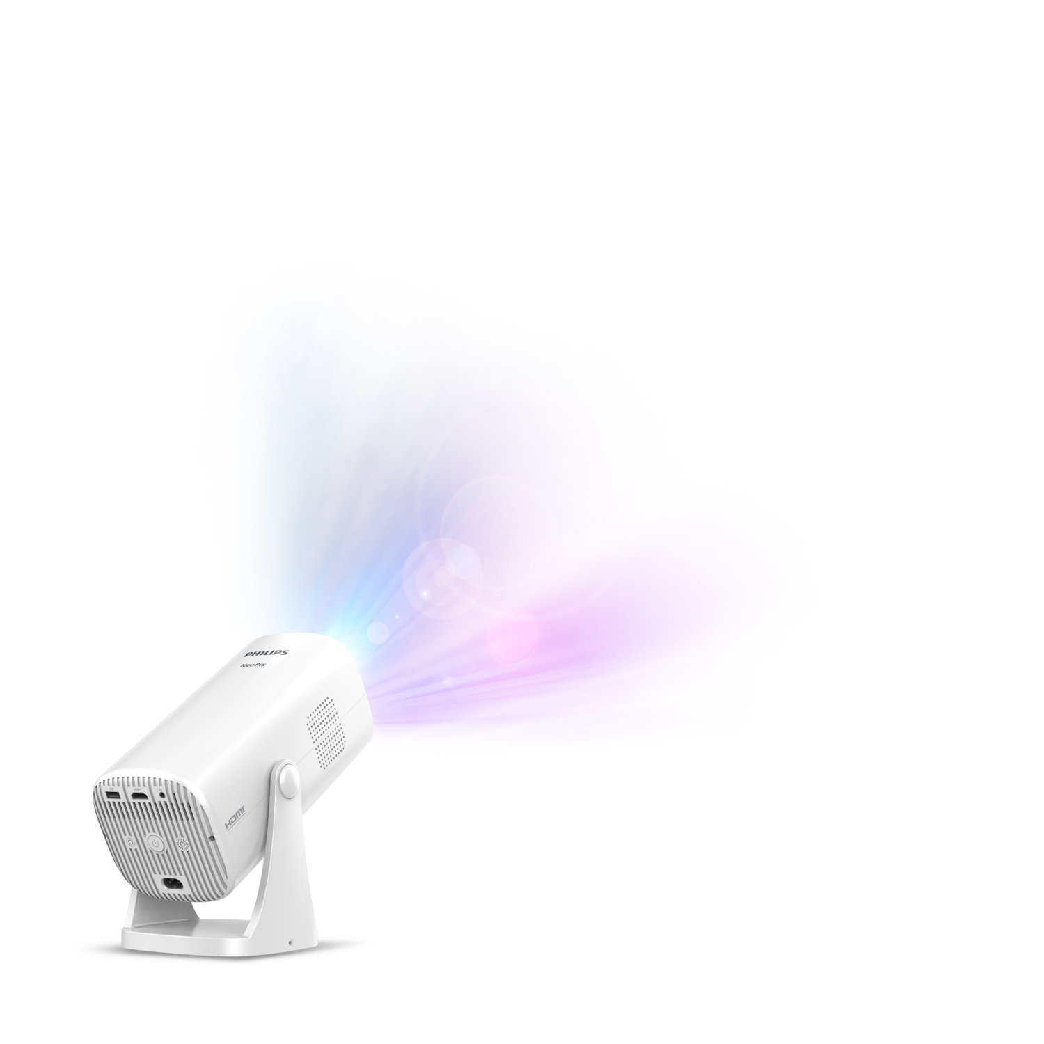 White projector with a light beam emitting blue and purple hues.