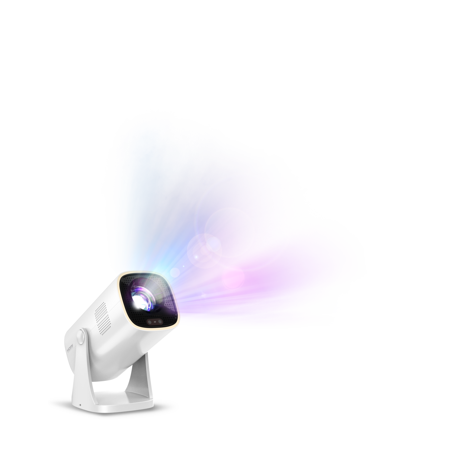 White projector emitting light beams against a purplish-blue background.