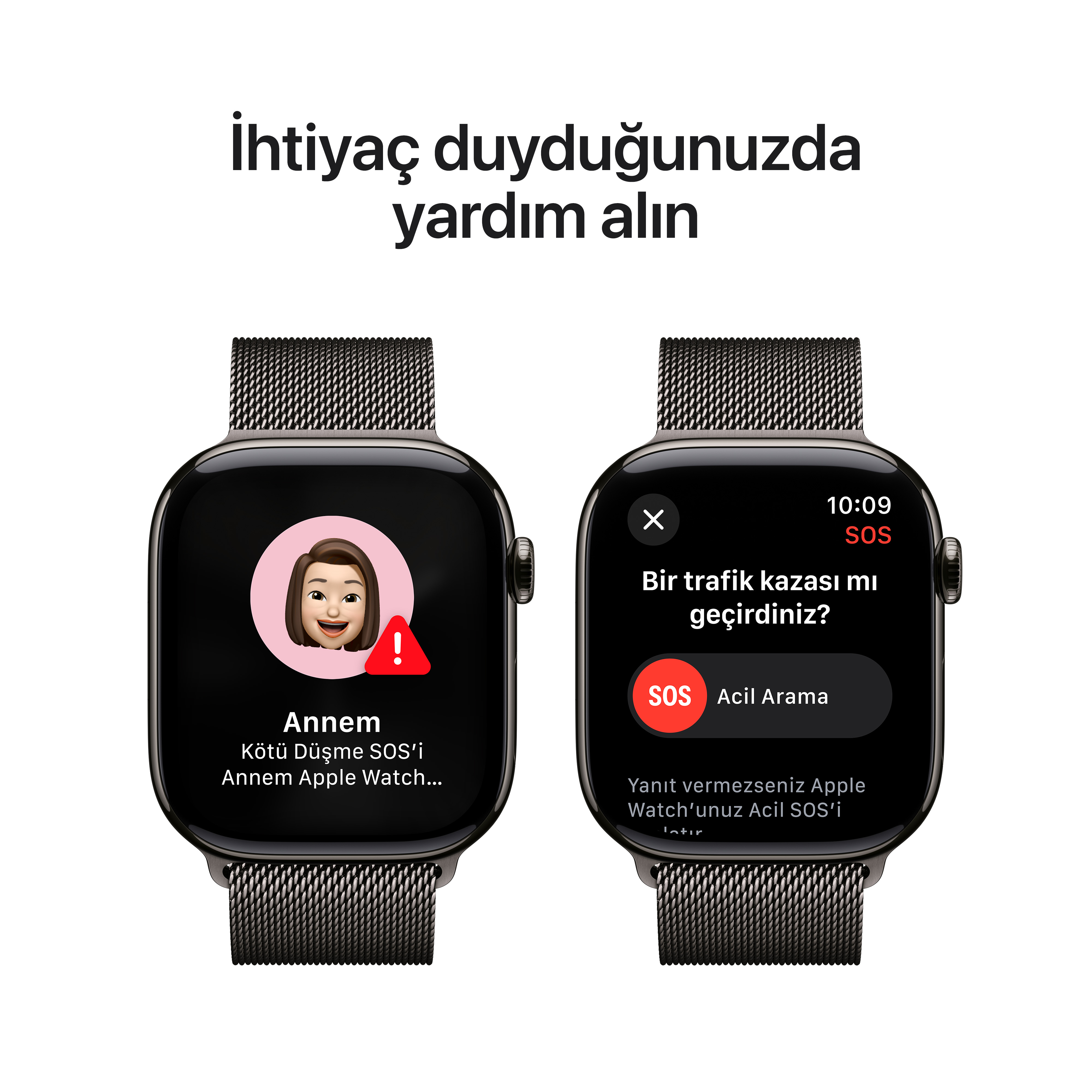 İki Apple Watch, acil durum SOS özelliklerini gösteriyor, biri bir kişi resmiyle, diğeri arama seçenekleriyle.