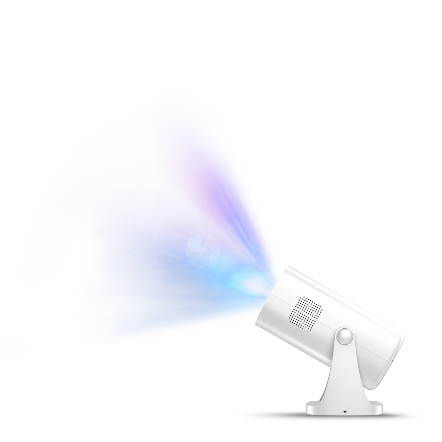 White spotlight projecting blue and purple light with a black background.