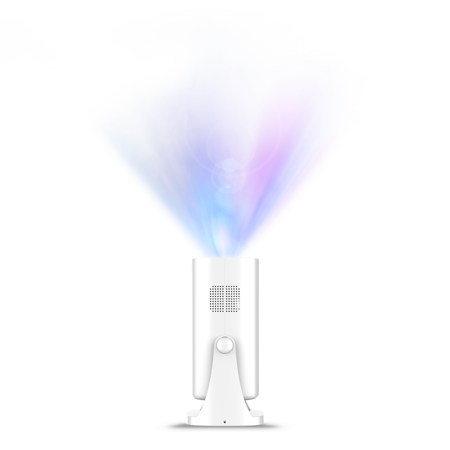 White projector emitting blue and purple light beams on a black background.