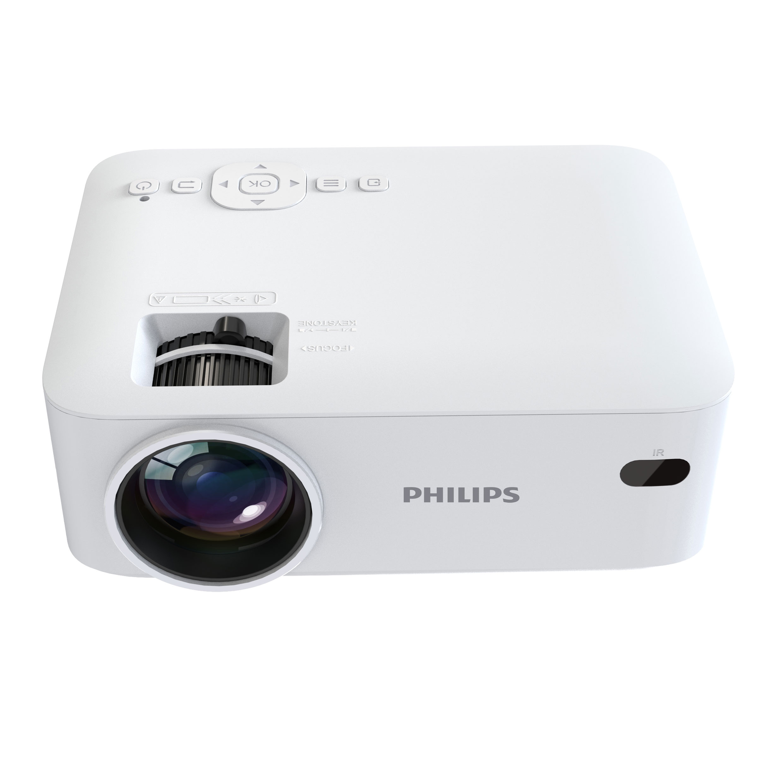 White Philips projector with buttons, focus, lens, and PHILIPS logo.
