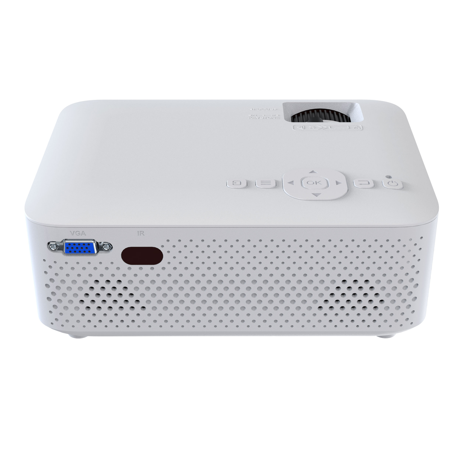 White projector with buttons and ports, isolated on white background.