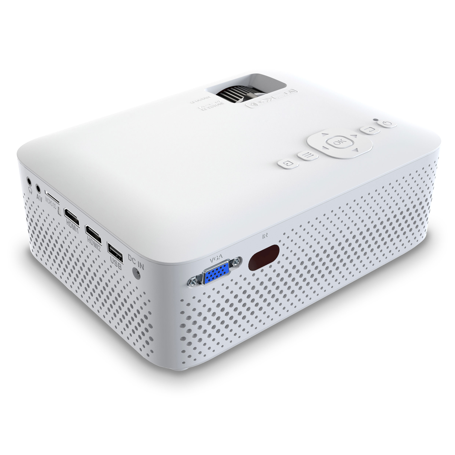 A white projector with various ports, buttons and an IR sensor. It's on a white background.