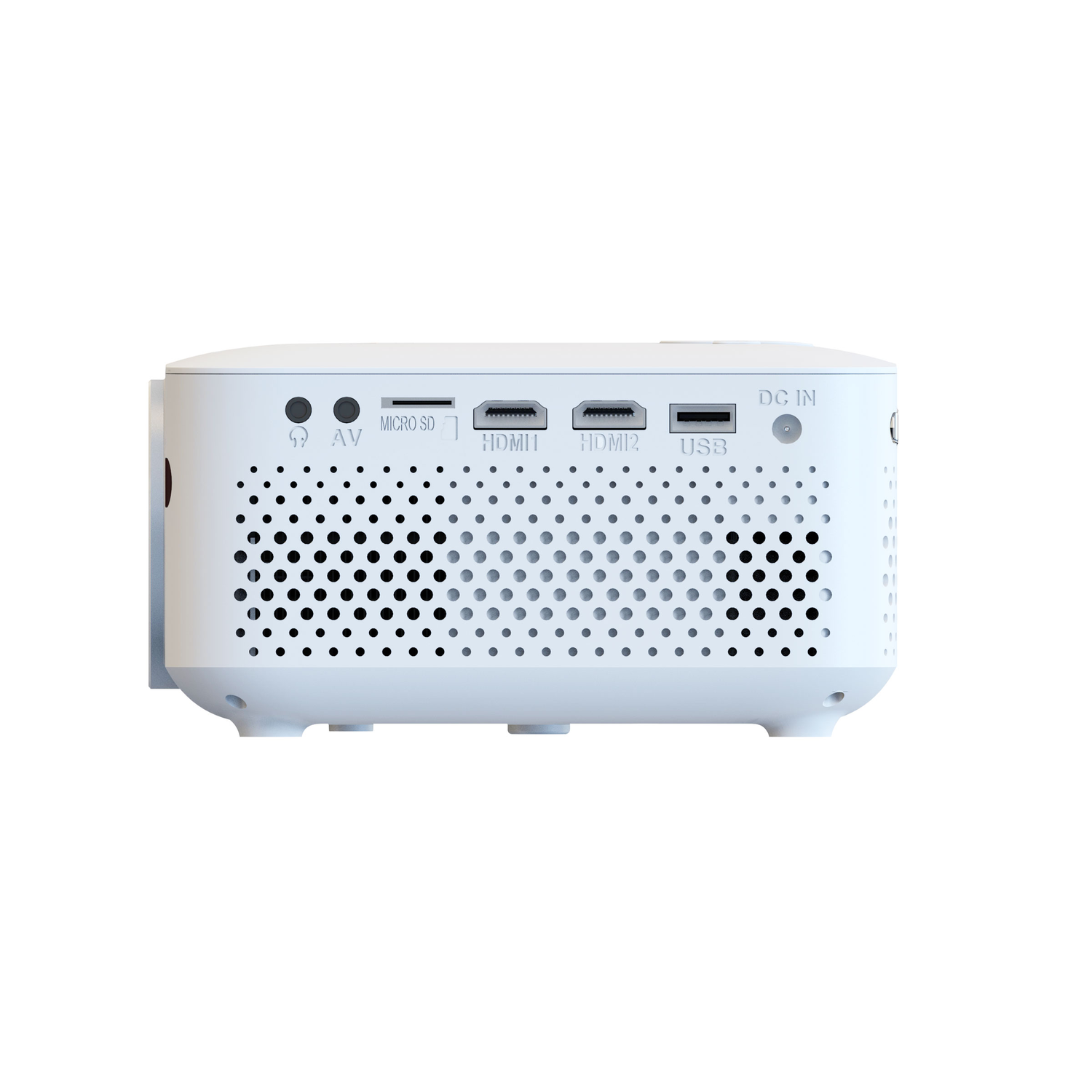 A white projector with multiple ports on the back. Ports include: AV, Micro SD, HDMI, USB, and a DC IN port.