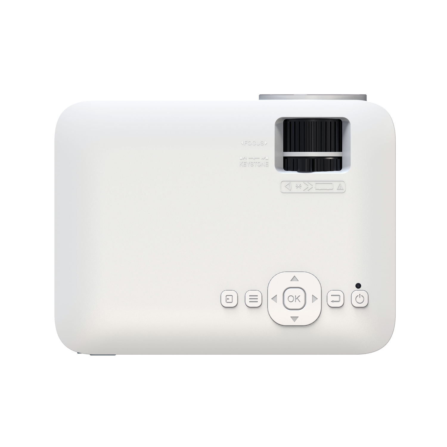 White projector with buttons and focus controls, isolated on white.