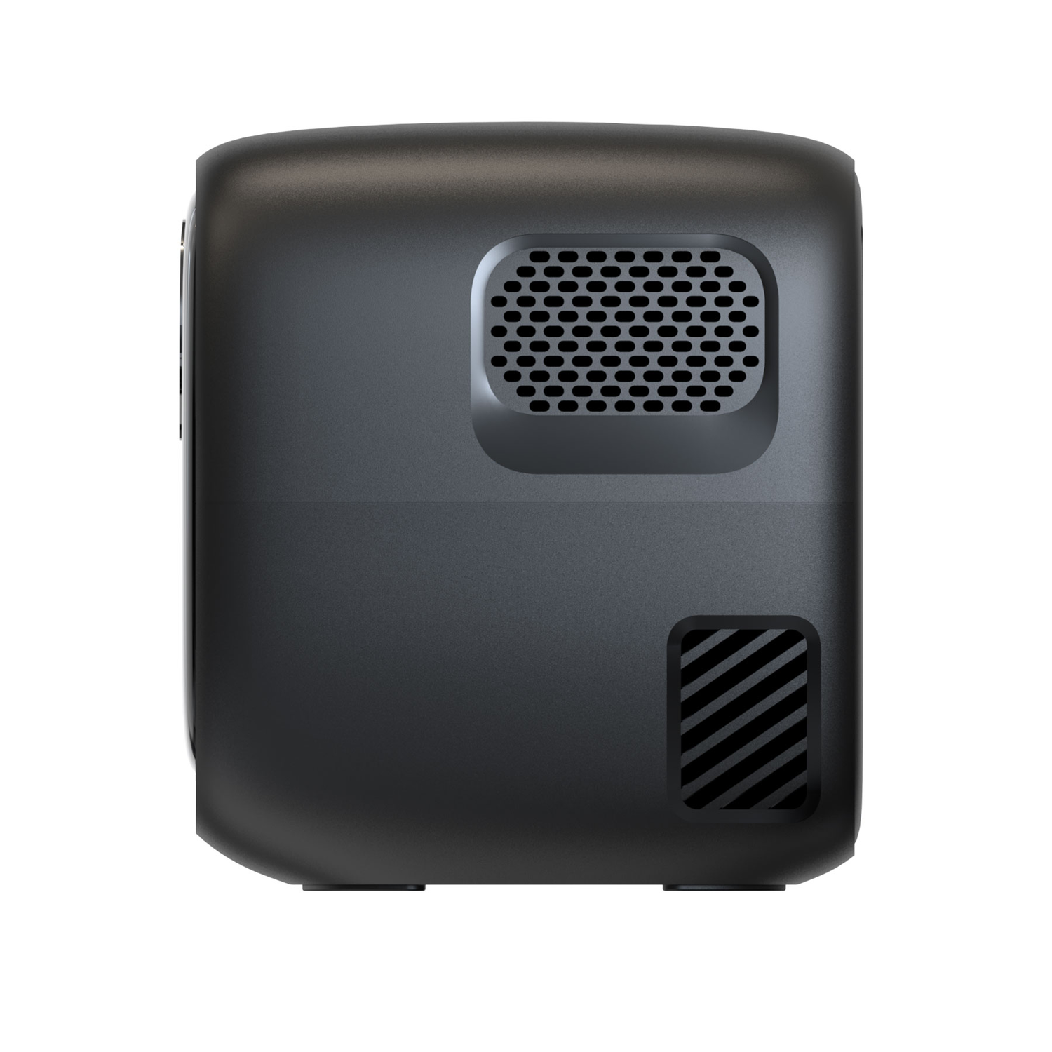 A black projector with vents and a grid-like design on the back.
