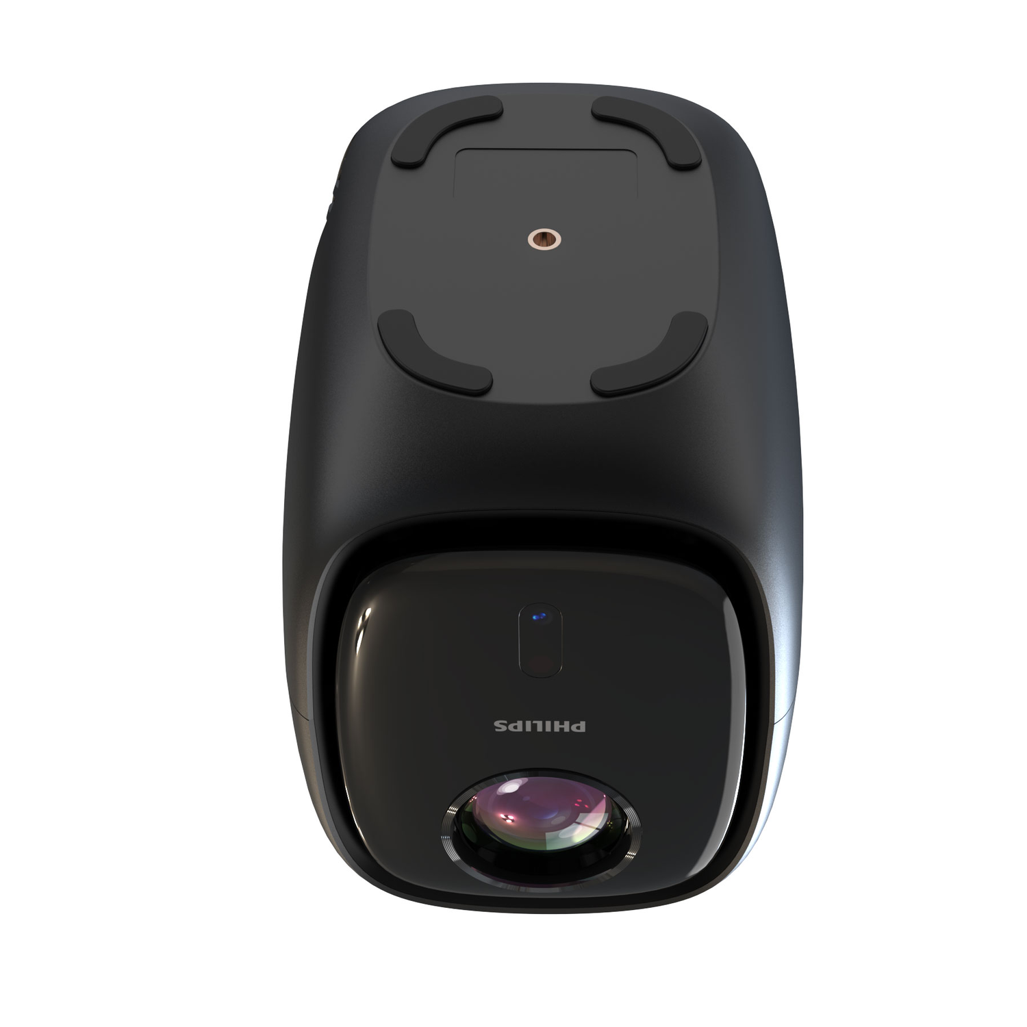 A black projector is seen from below. It has a lens and a small blue light.
