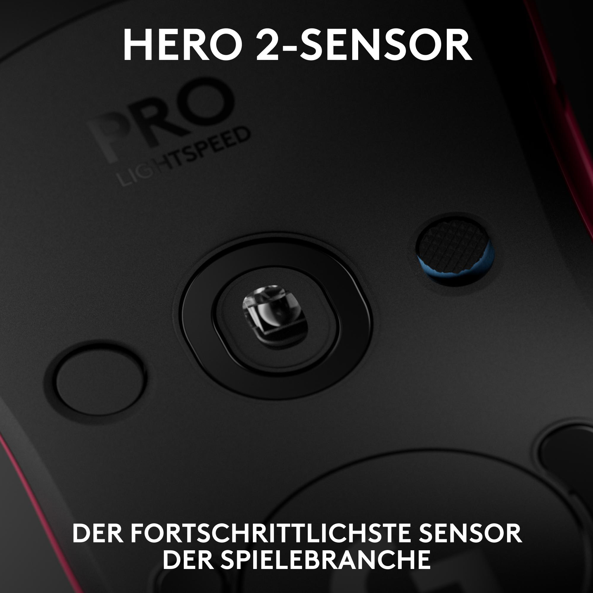 Nahaufnahme einer schwarzen Gaming-Maus mit Text 'PRO LIGHTSPEED' und blauem Knopf.
