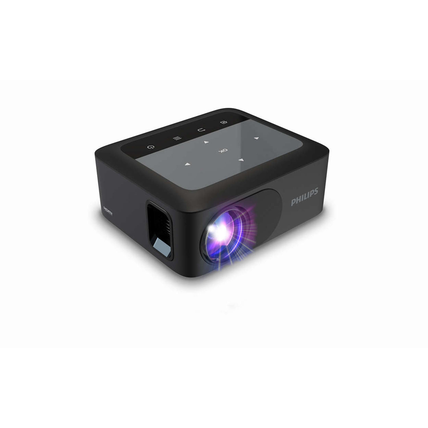 Black portable Philips projector with control buttons on top and a lens.