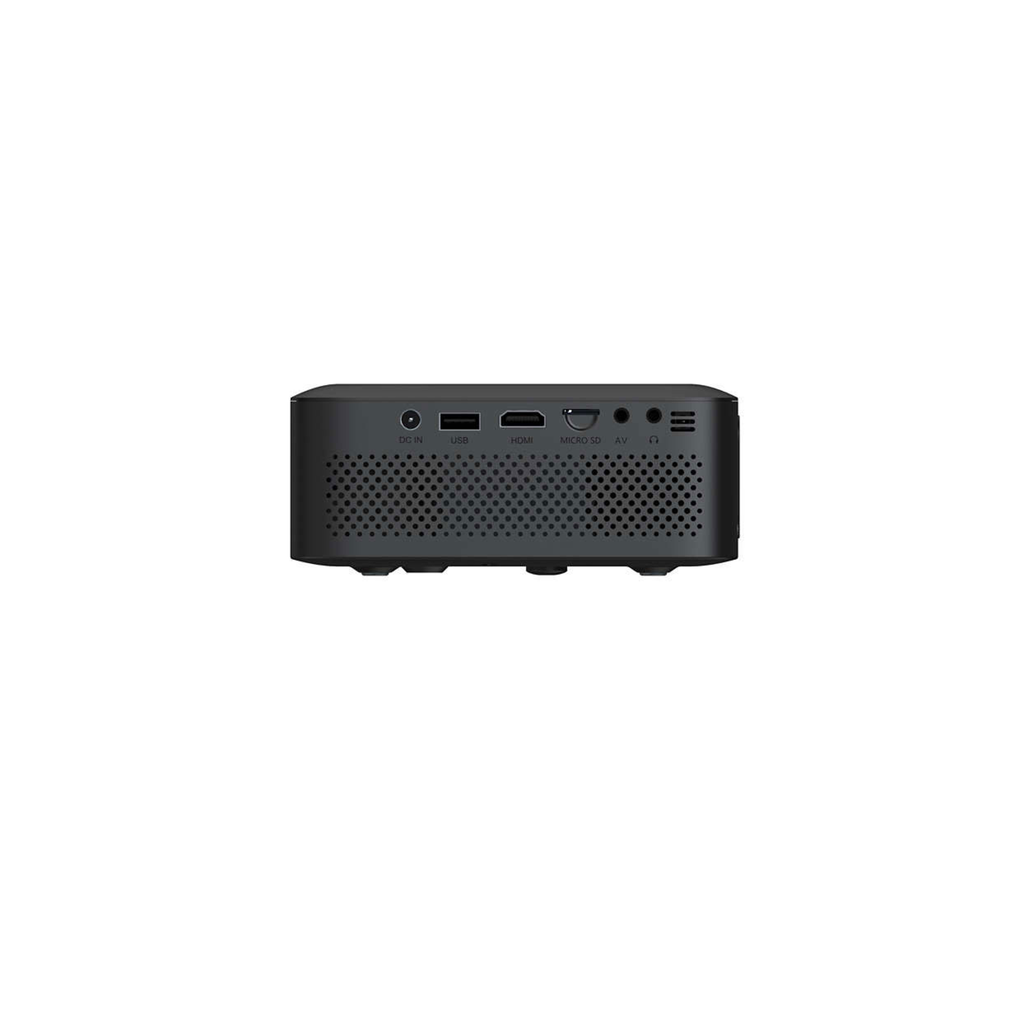 A black rectangular device with ports labeled DC IN, USB, HDMI, Micro SD, AV, and a speaker grill.