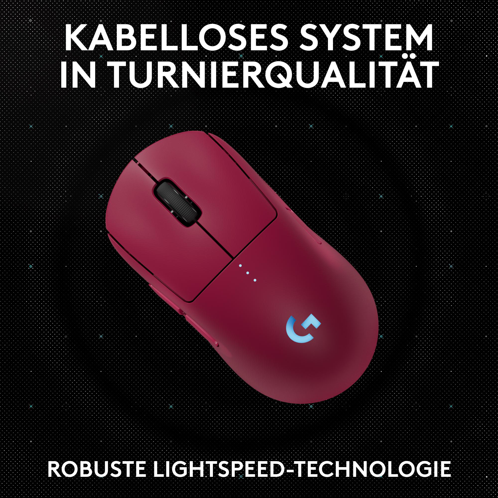 Rote kabellose Maus mit schwarzem Scrollrad. Schwarzer Hintergrund. Weißes Logo.