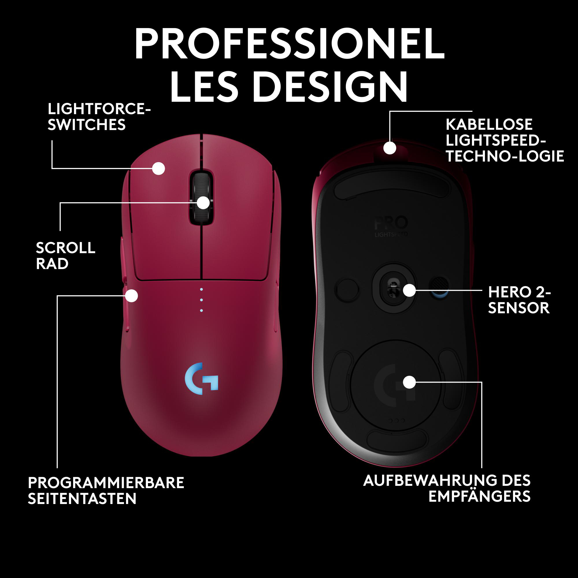 Rote Maus mit schwarzem Boden. Der Text PROFESIONNEL LES DESIGN steht oben.