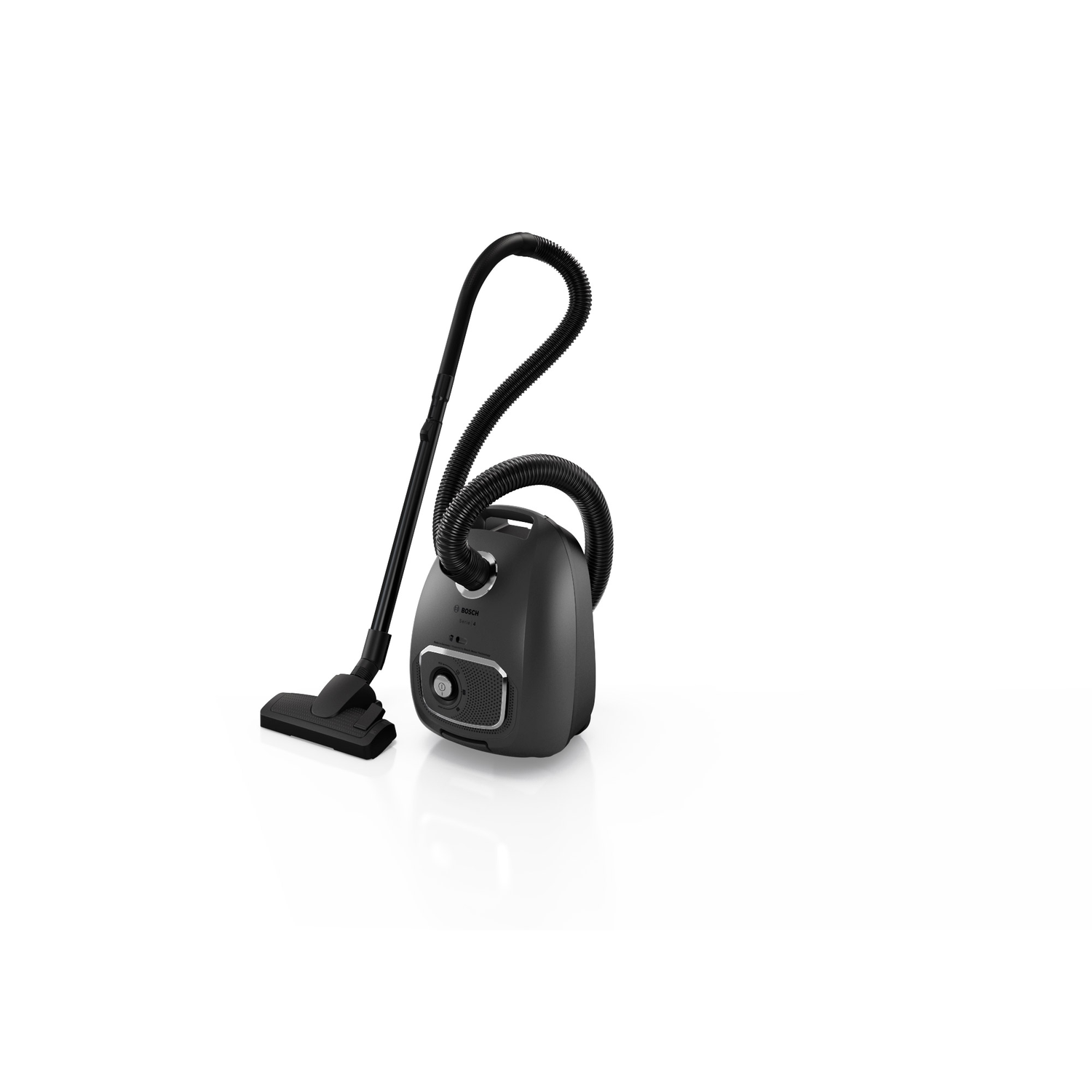 A gray vacuum cleaner with a black hose and attachments, on a white background.