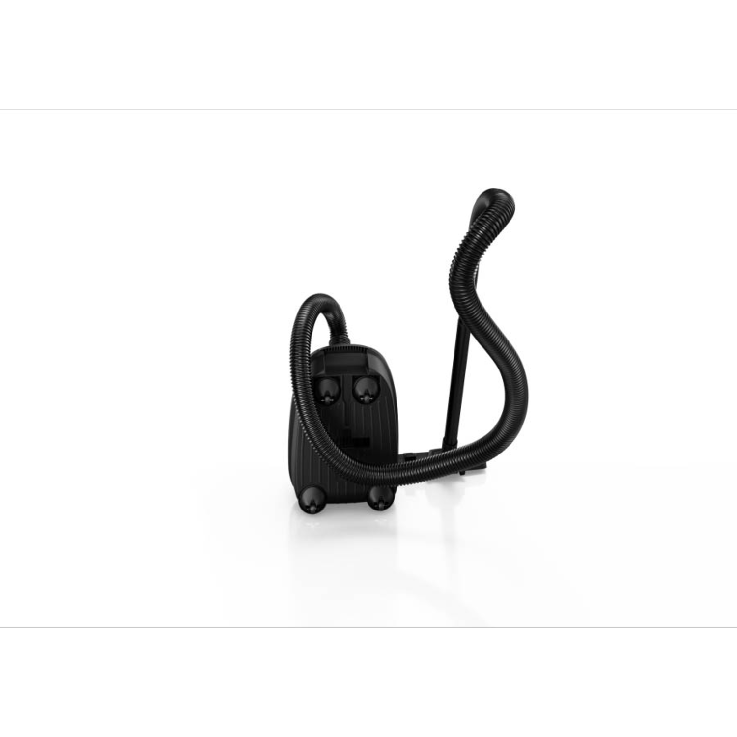 Black vacuum cleaner with a long hose, standing against a white background. Isolated object.