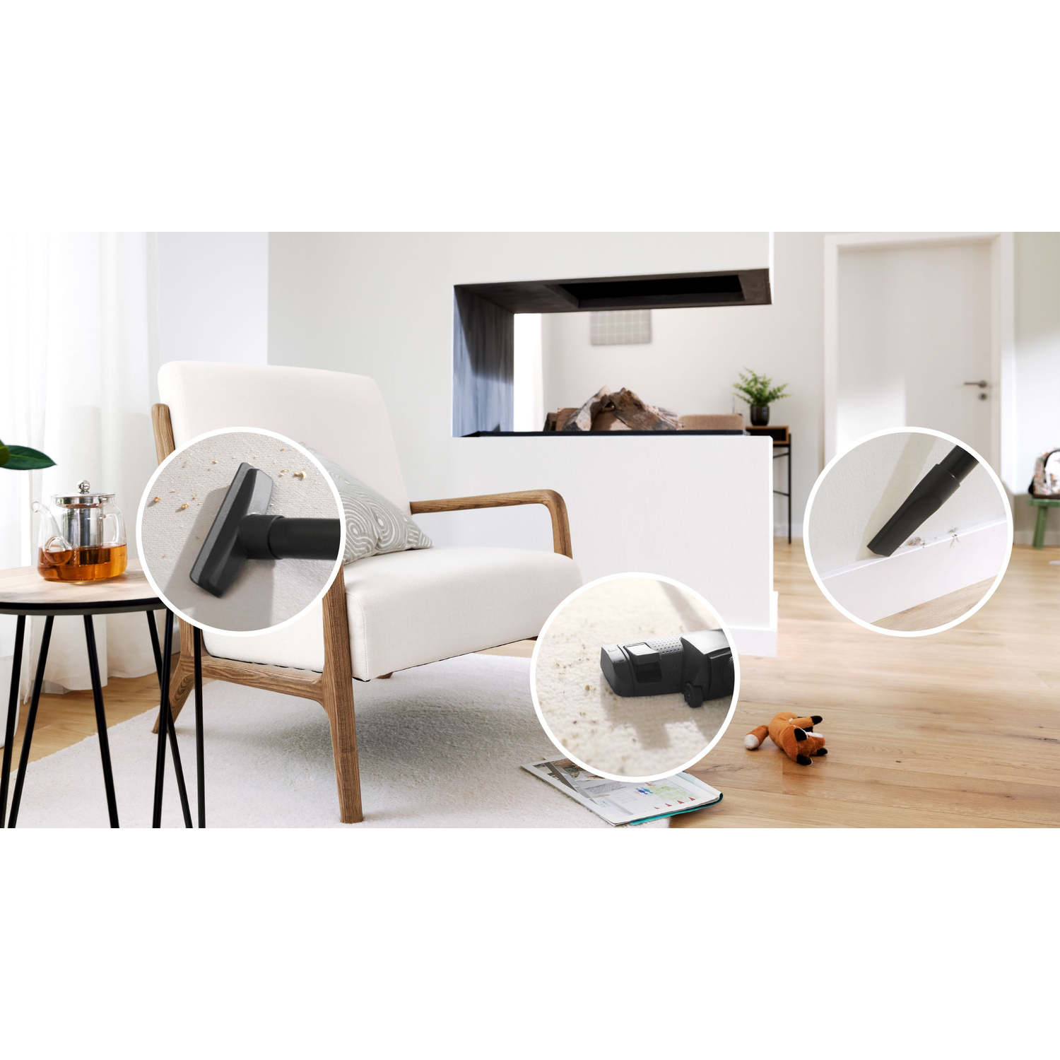 Vacuum cleaner attachments in use on a floor and furniture in a room.