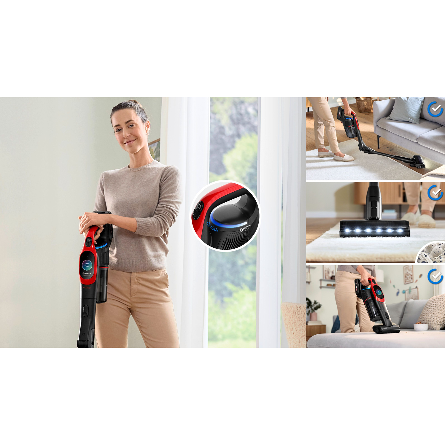 Woman vacuuming with a Bosch cordless vacuum cleaner; also shown in close-up views.