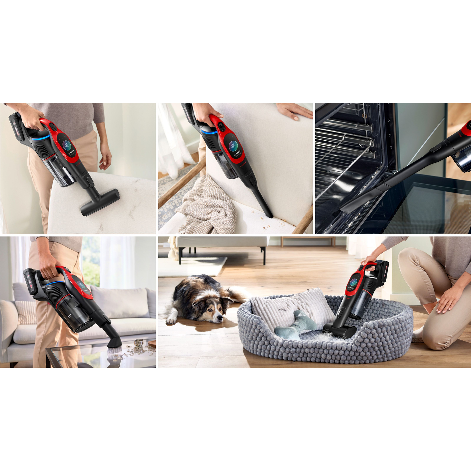A series of images showing a cordless vacuum cleaner in use.