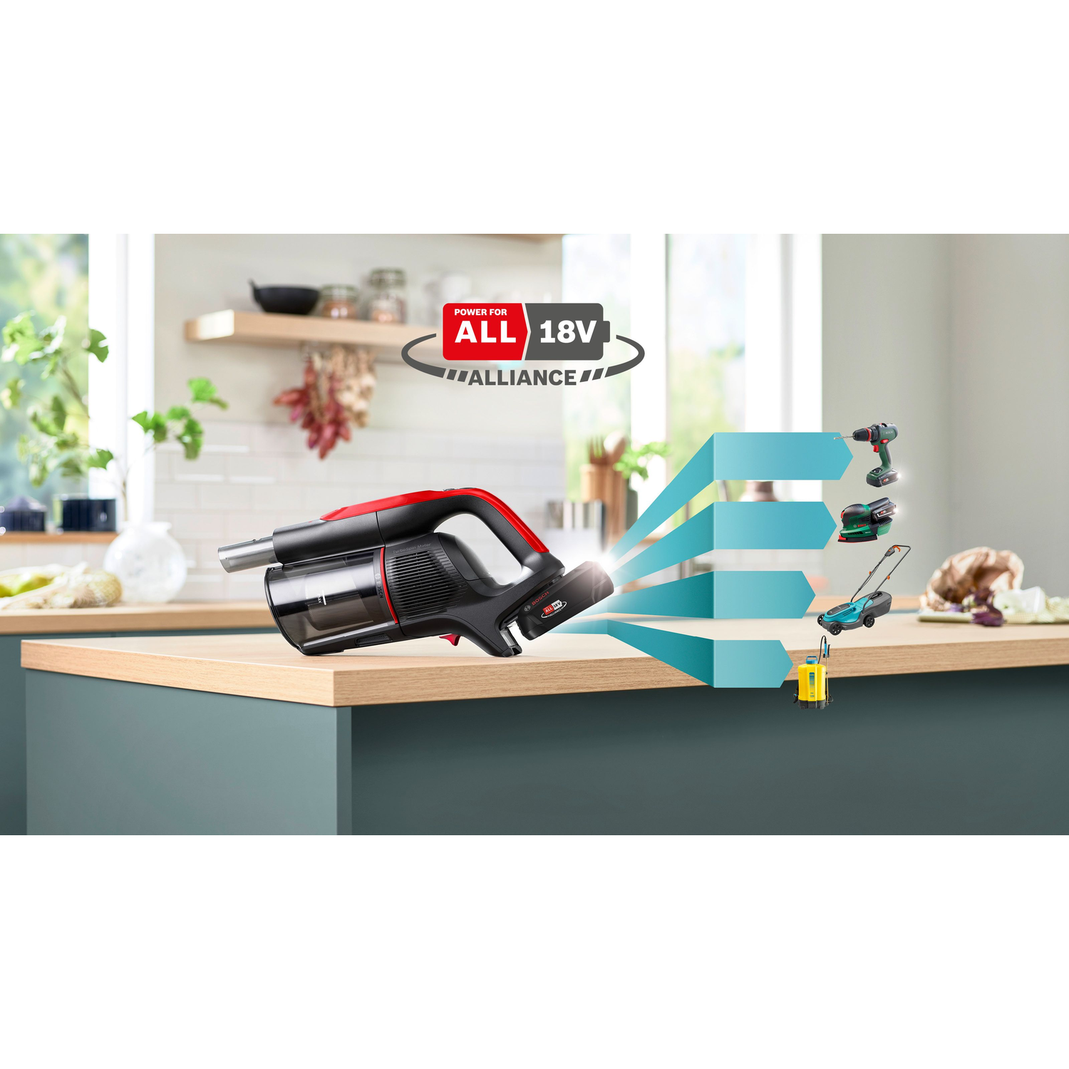 Black and red cordless vacuum cleaner. Other tools and power supply on the background.