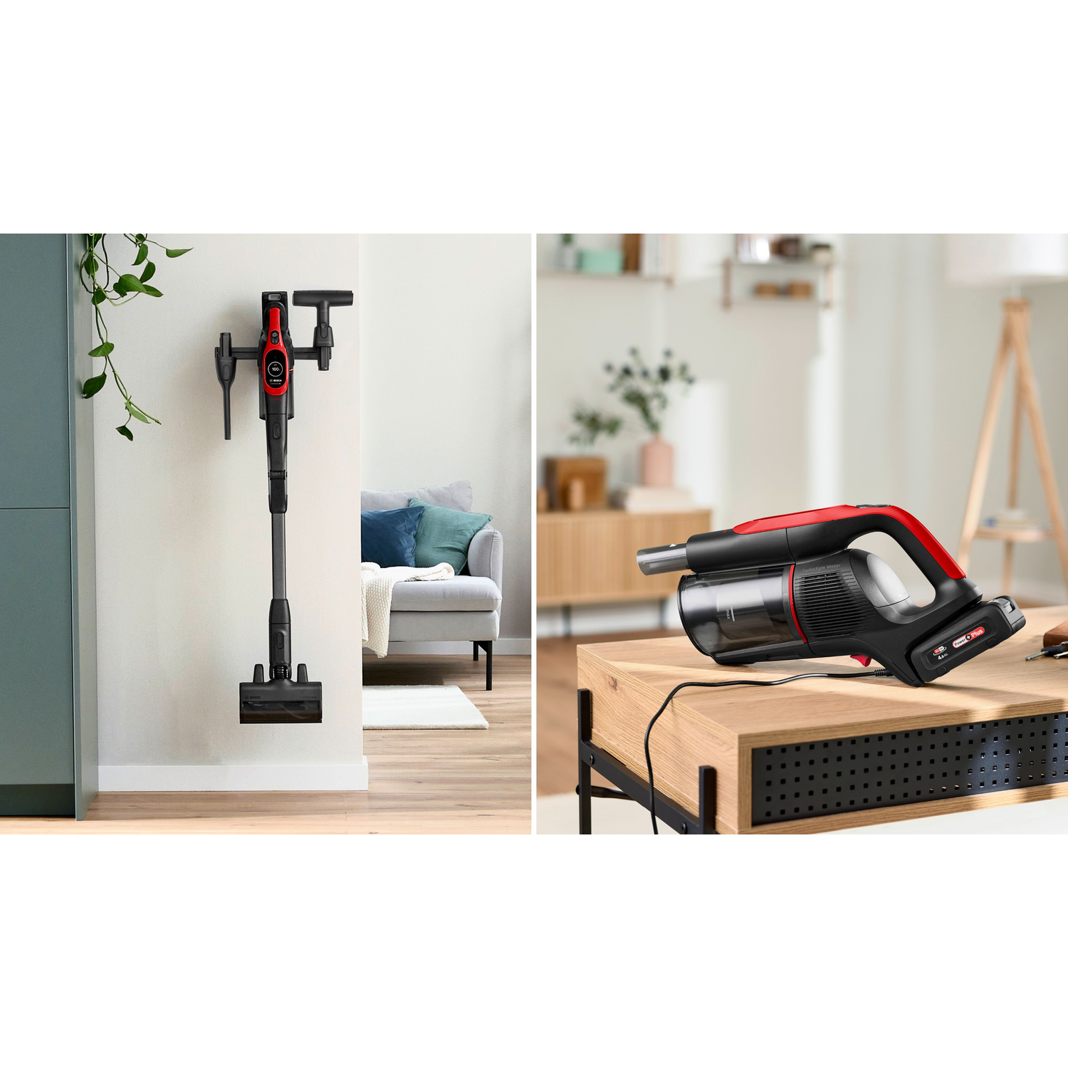 Two images of a cordless stick vacuum cleaner.