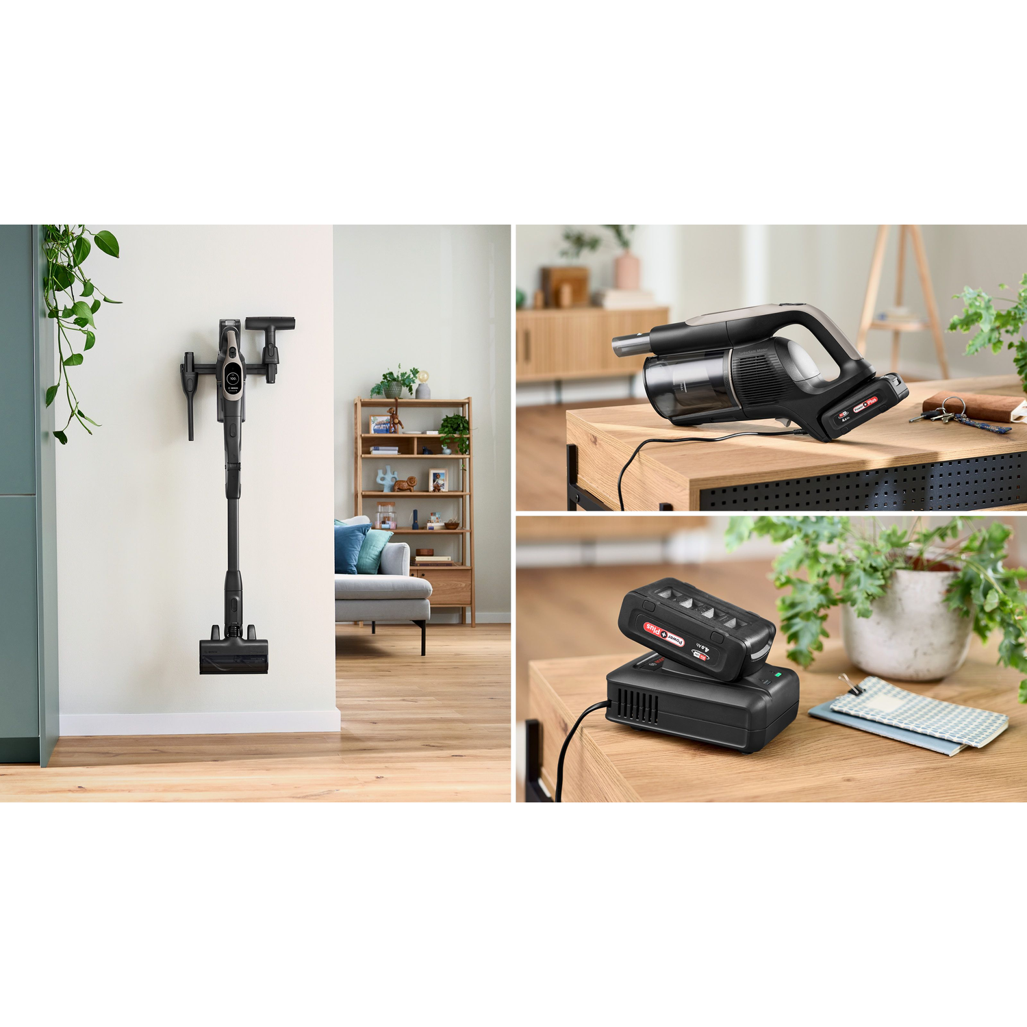 A black cordless vacuum cleaner on a wall mount, on a table, and charging.