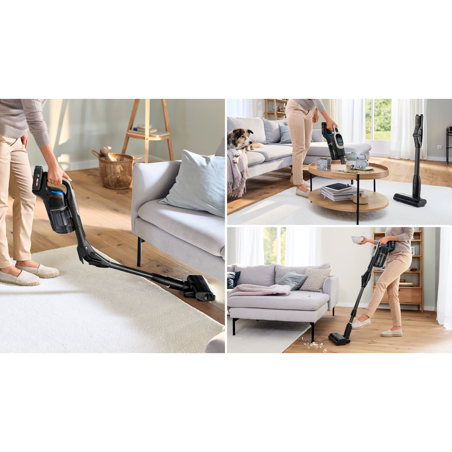 Multiple images of a woman vacuuming different rooms, with various vacuum cleaner attachments.