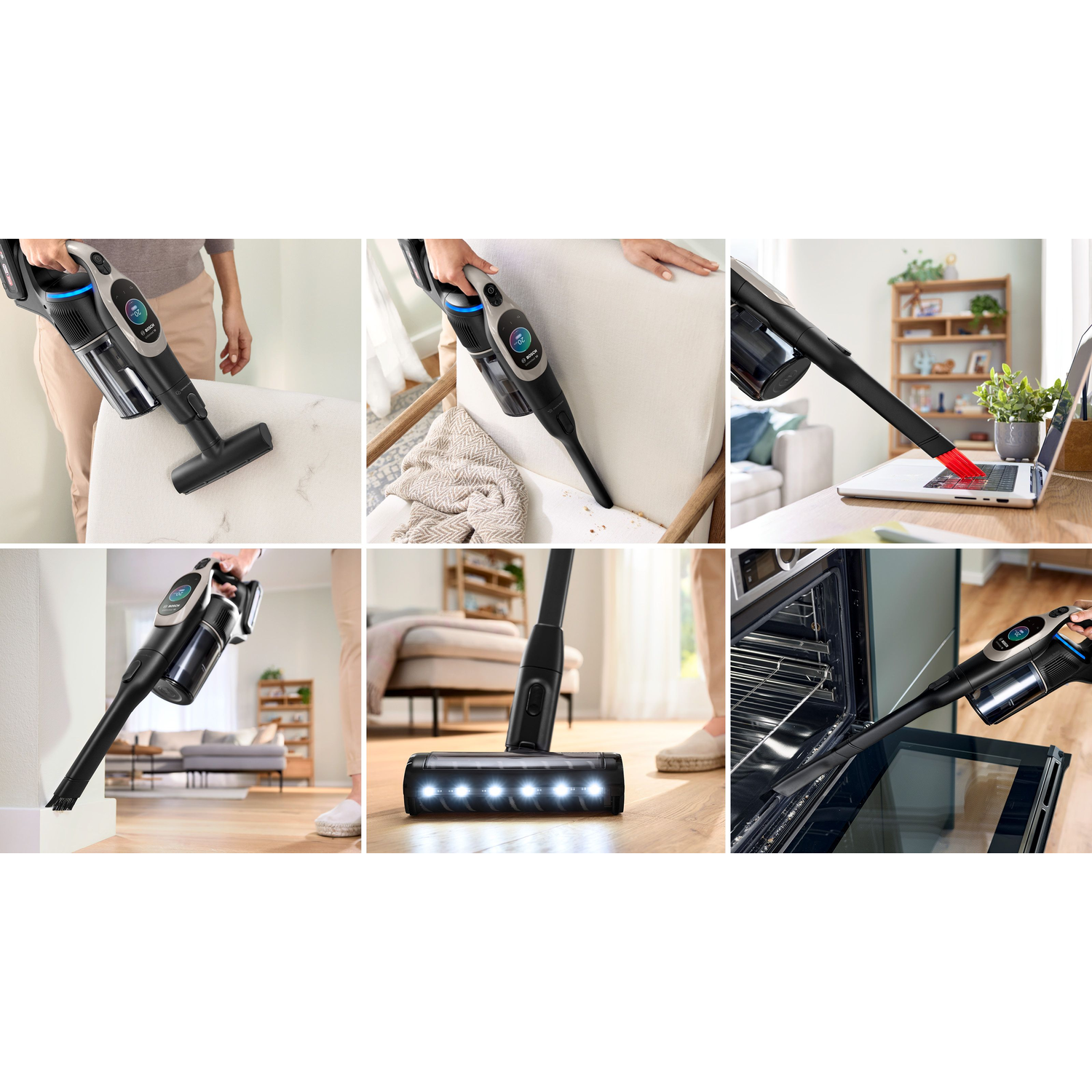 A series of images showcasing a vacuum cleaner used for various cleaning tasks.