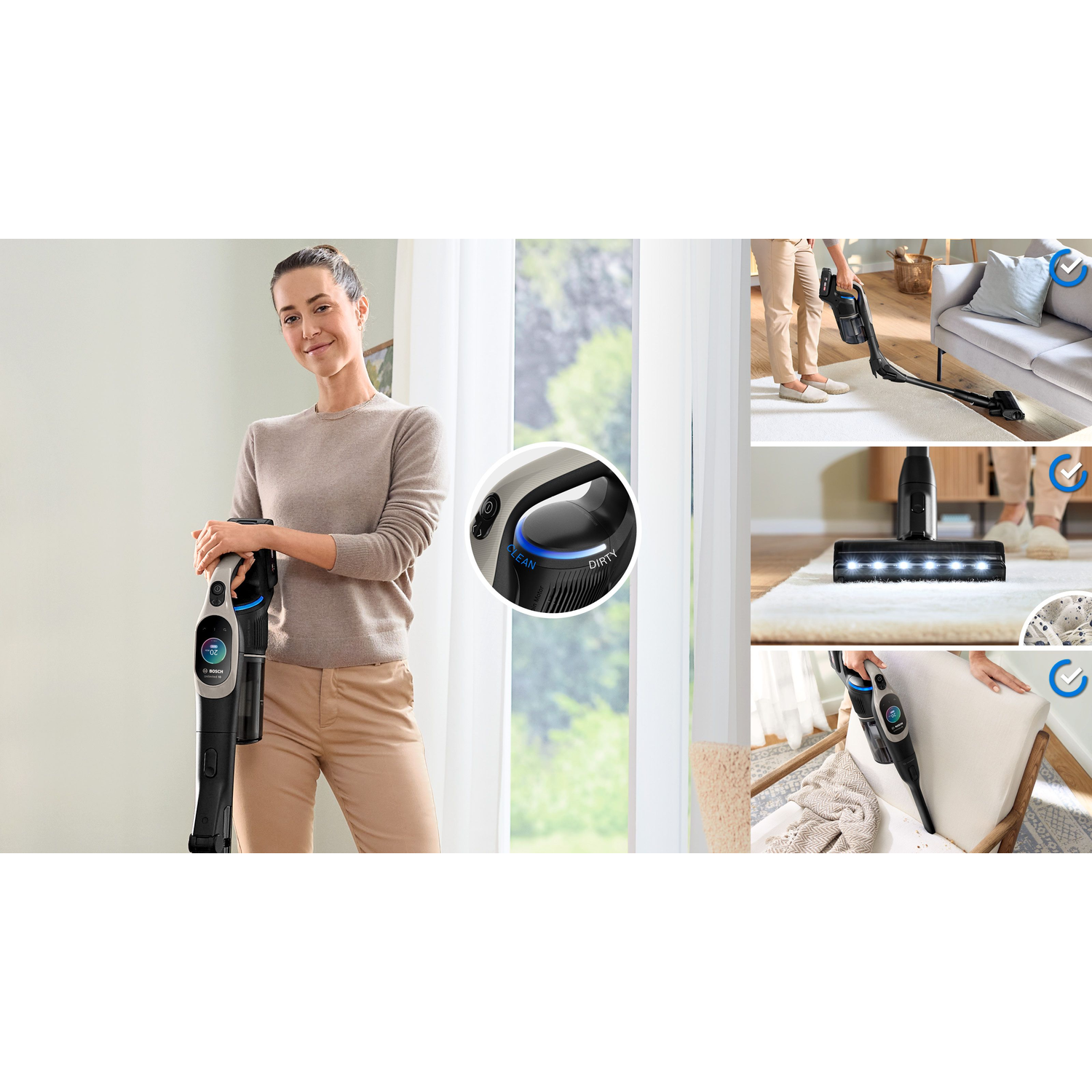 A woman holding a black and grey vacuum cleaner near a window.