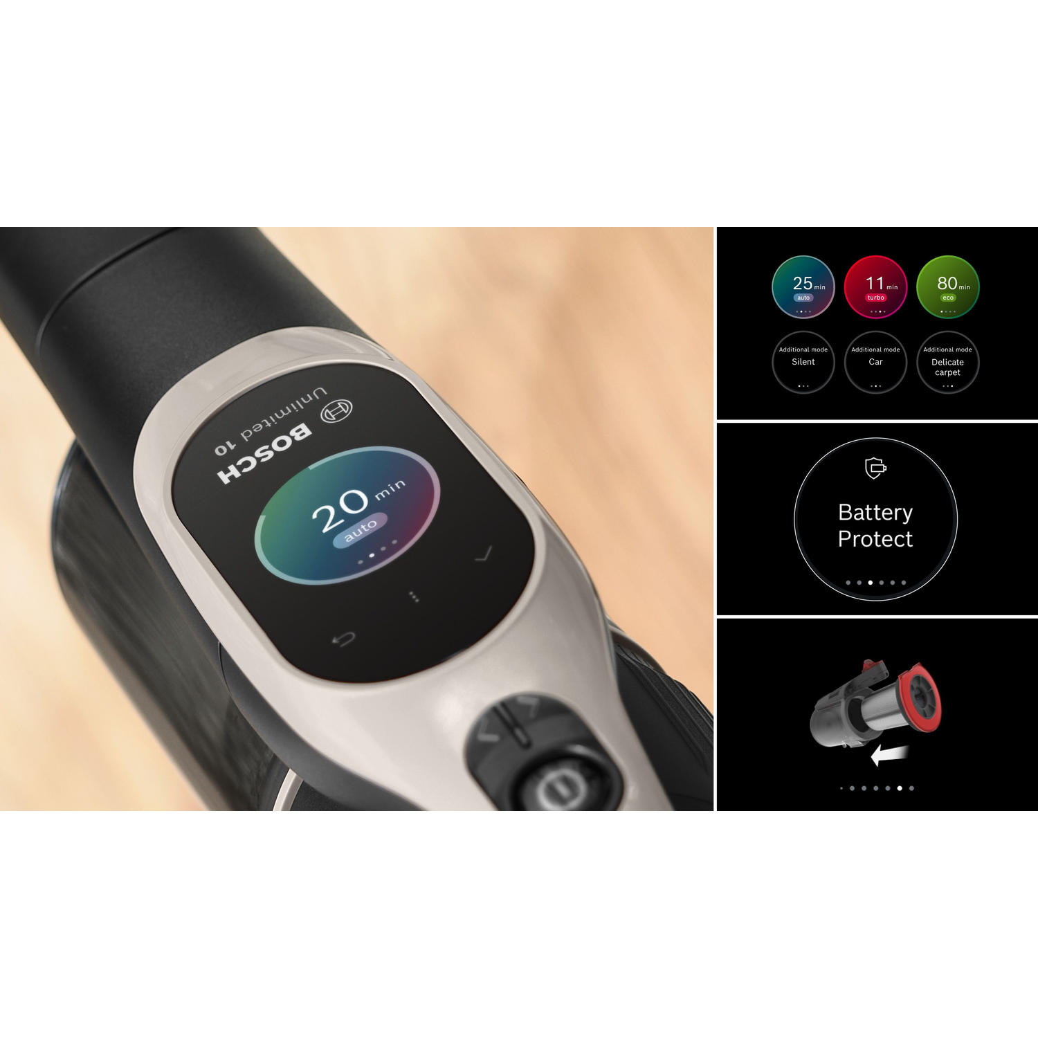 Close up of a vacuum cleaner's display and icons indicating different cleaning modes.
