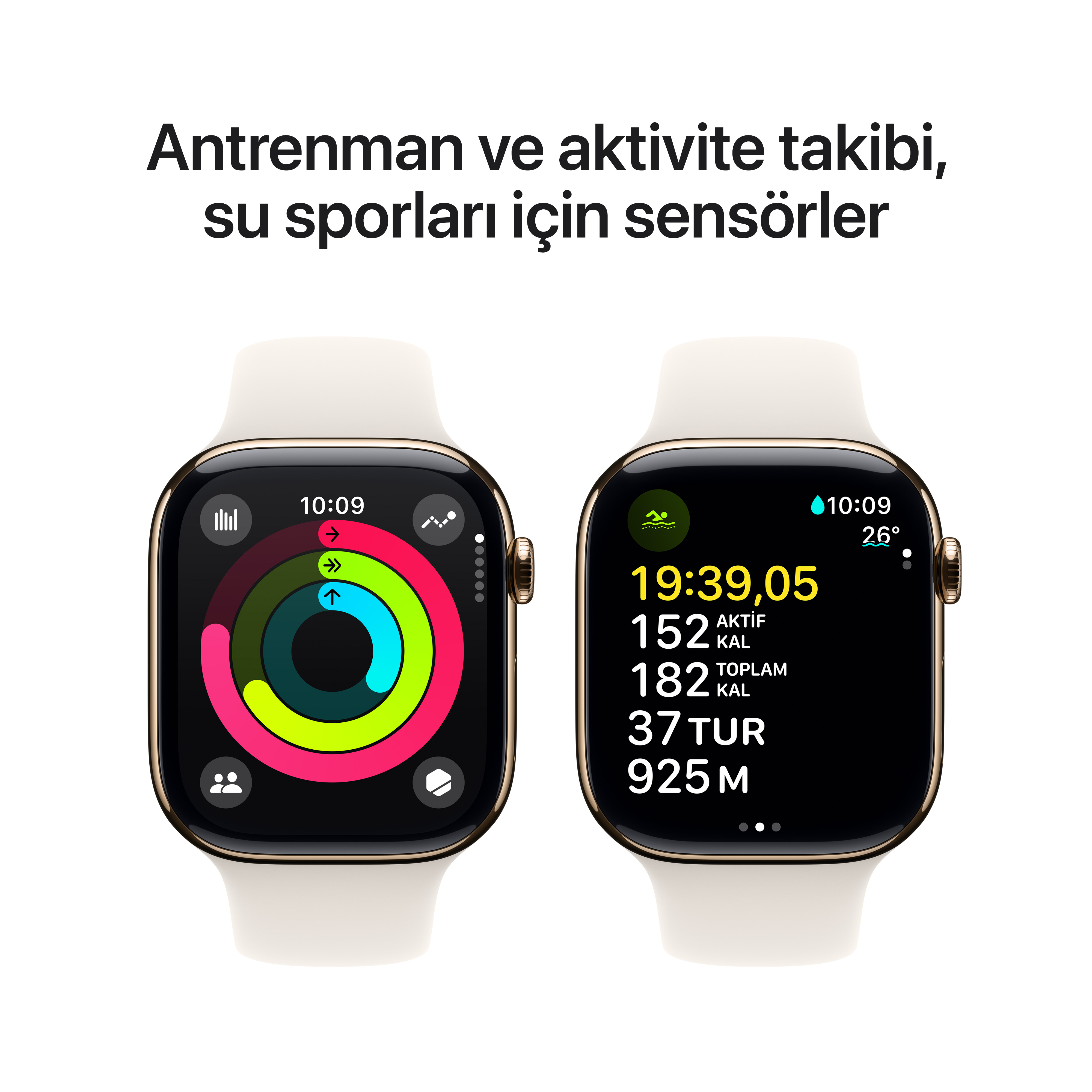 İki akıllı saat fitness verilerini görüntülüyor. Biri aktivite halkalarını, diğeri antrenman istatistiklerini gösteriyor.