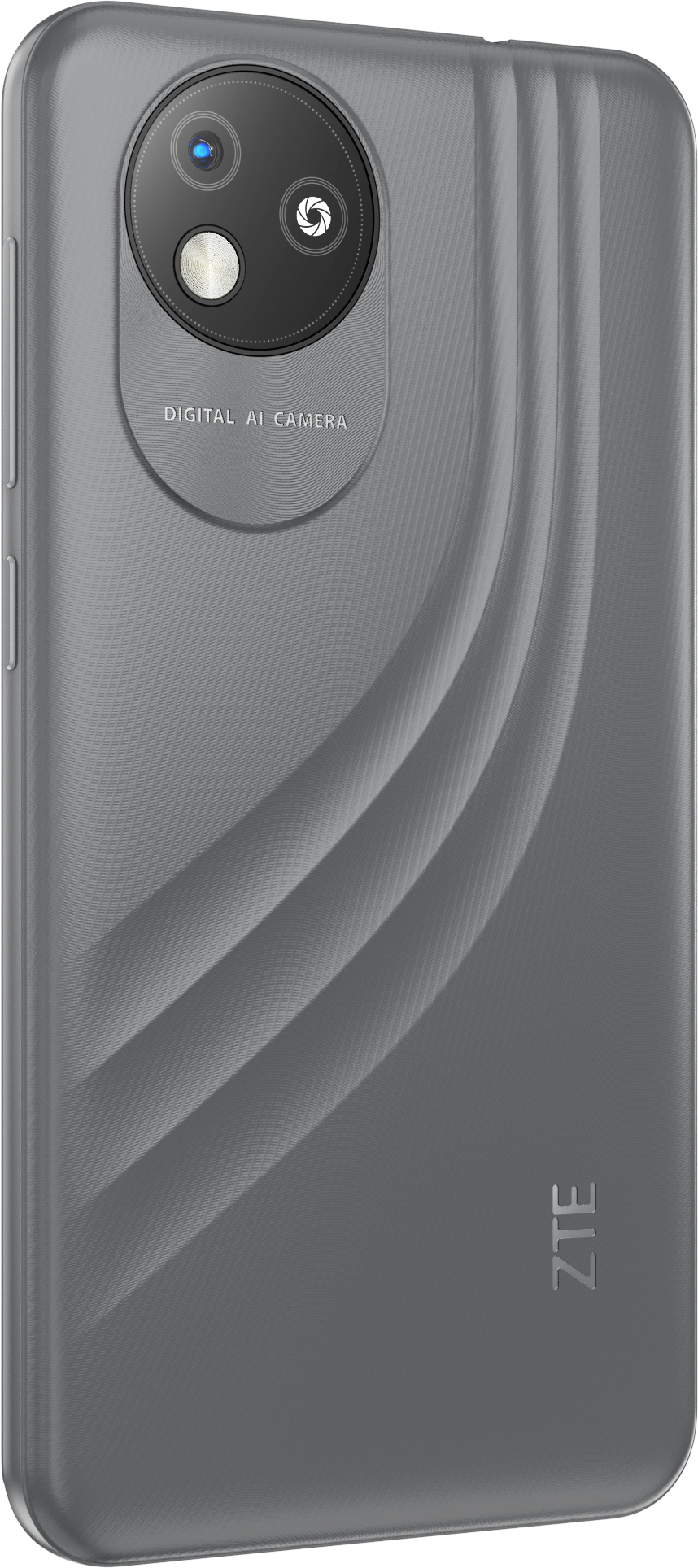 Ein graues Telefon mit einem kreisförmigen Kameramodul und dem Wort ZTE auf der Rückseite.