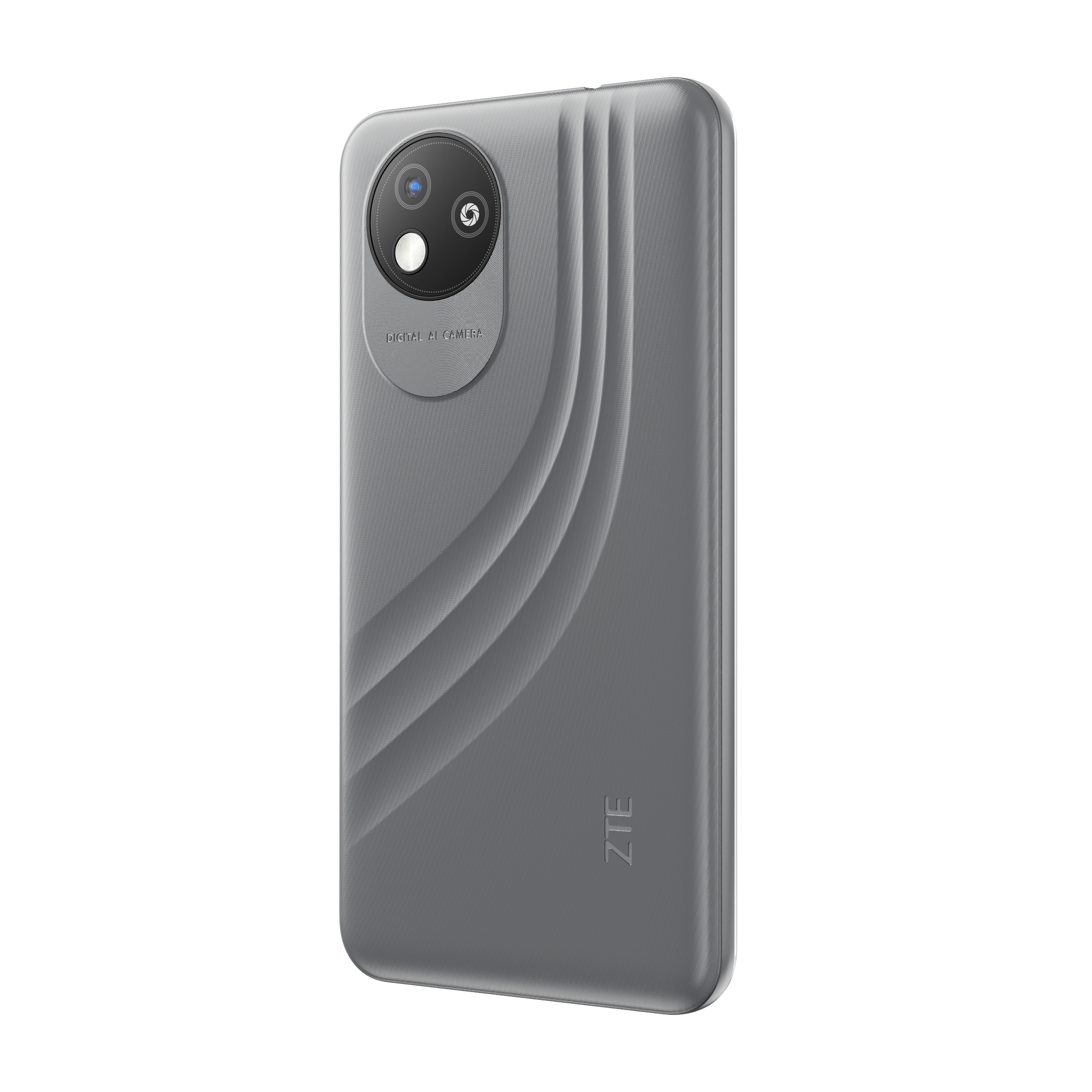 Graues ZTE-Telefon mit Dual-Objektiv-Kamera. Die Rückseite hat ein strukturiertes Design.