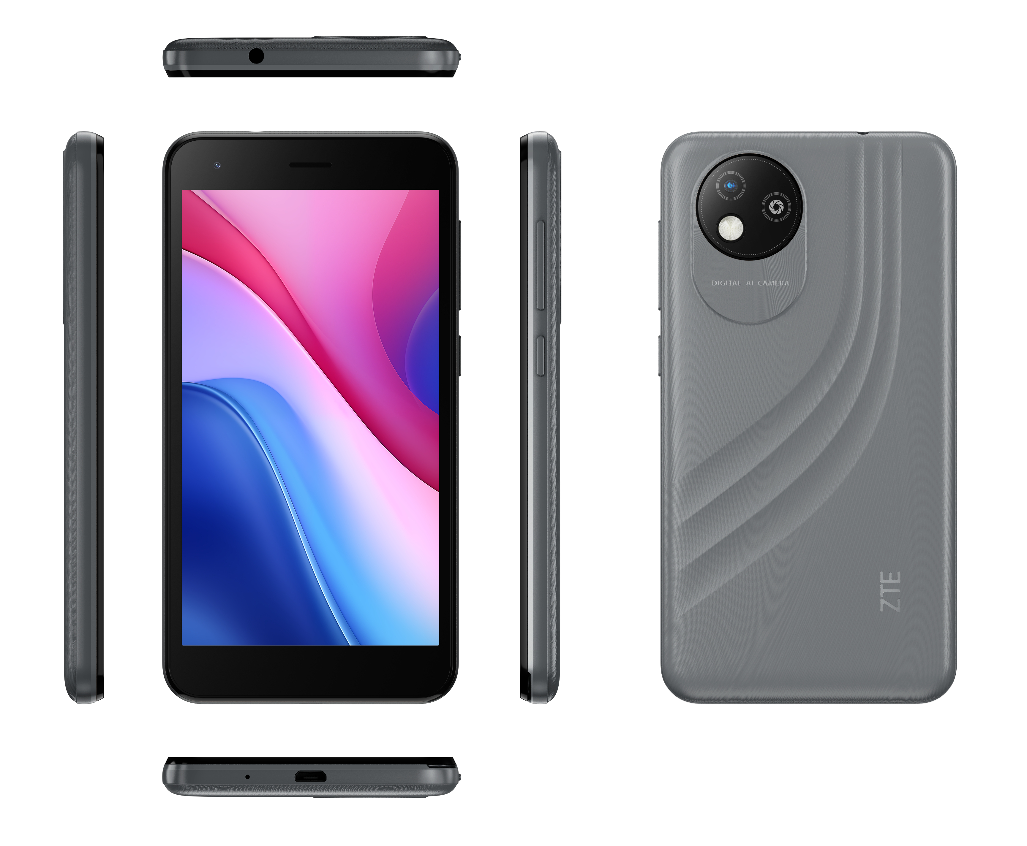 Ein graues ZTE-Smartphone. Zeigt Ansichten von oben, der Seite und der Rückseite mit Kamera und ZTE-Logo.