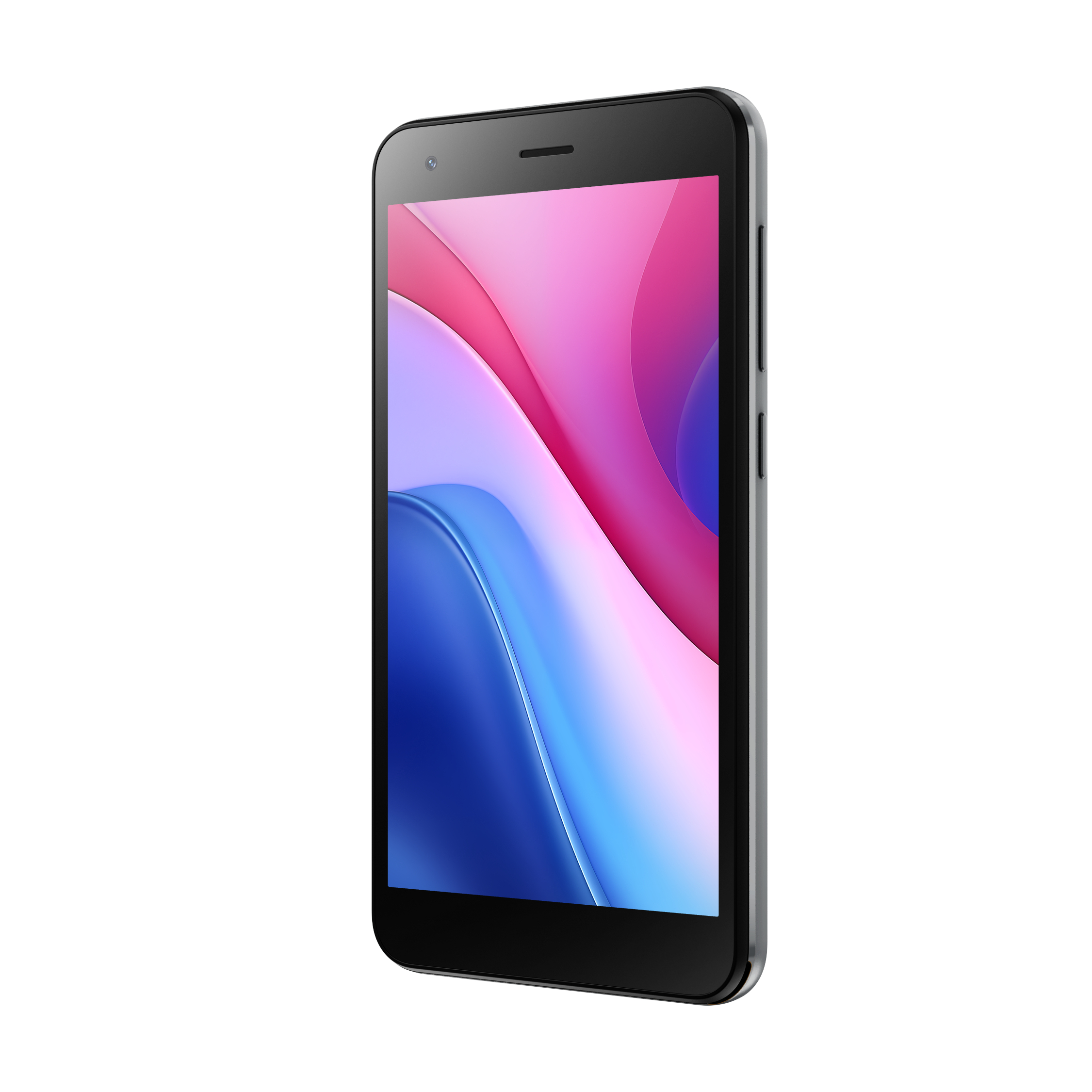 Ein schwarz-graues Smartphone mit einem Bildschirm, der ein farbenfrohes abstraktes Design zeigt, auf weißem Hintergrund.