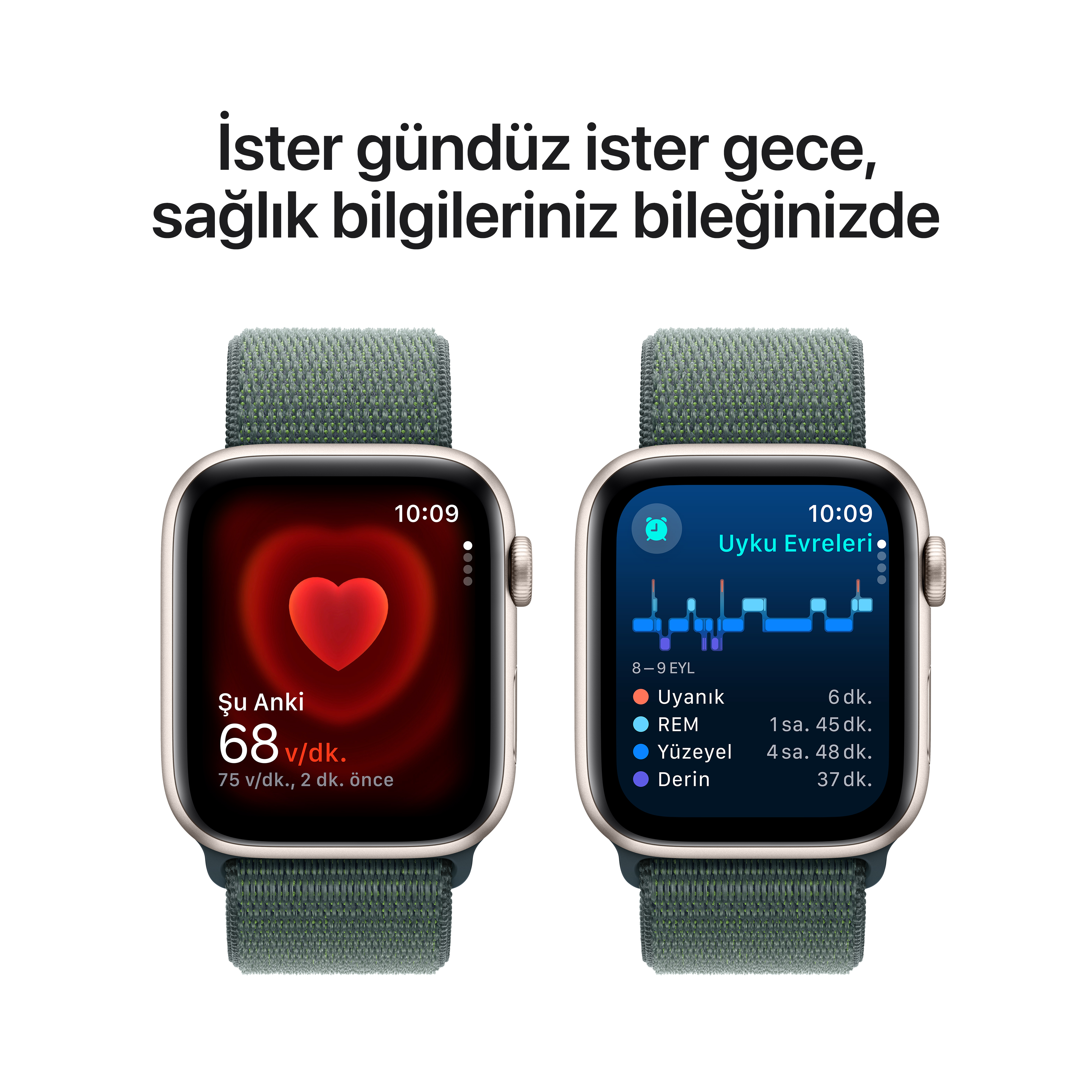 Akıllı saat ekranları, yeşil kayış üzerinde kalp atış hızı ve uyku verilerini gösteriyor.