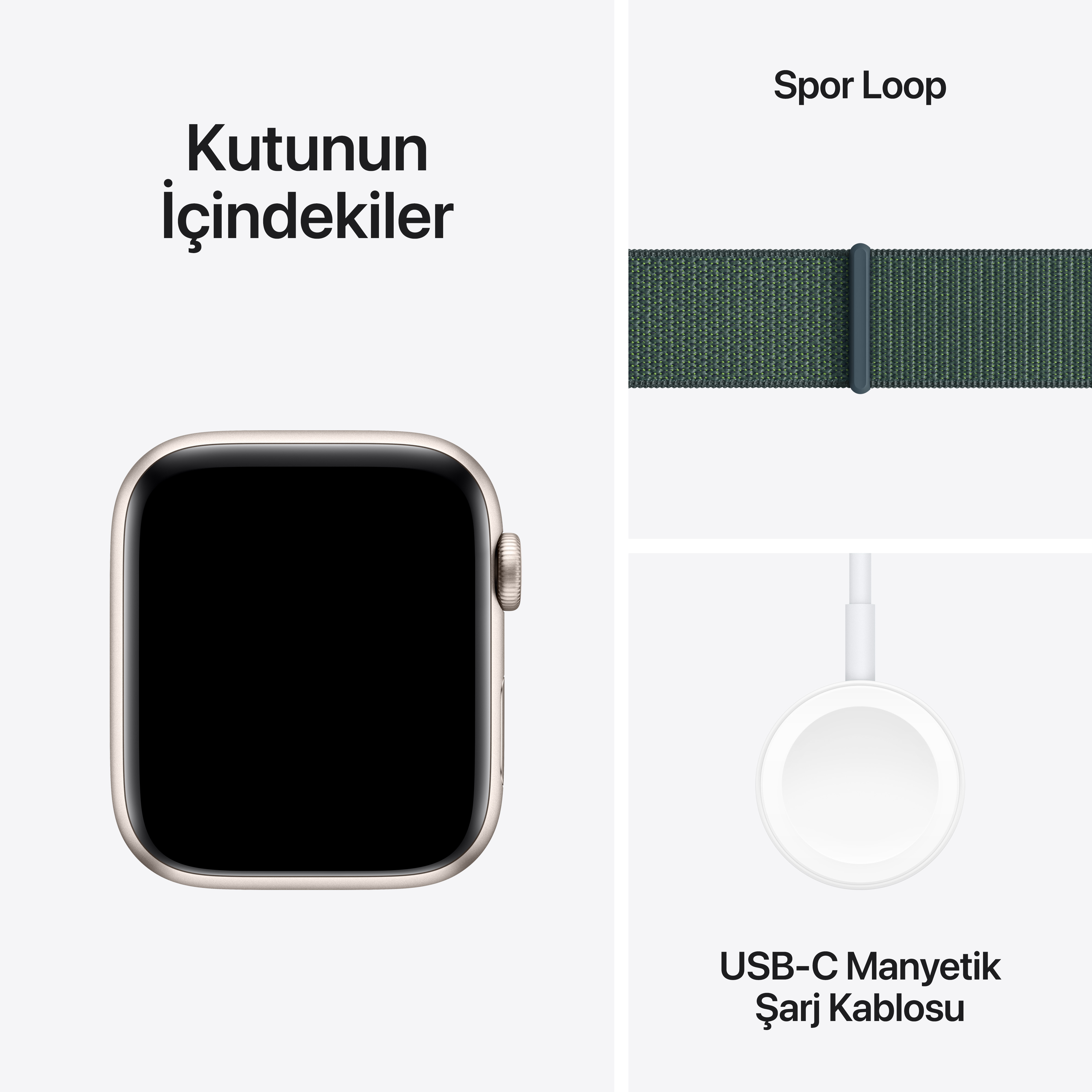 Apple Watch içeriği: saat, spor döngü kayışı ve şarj kablosu.