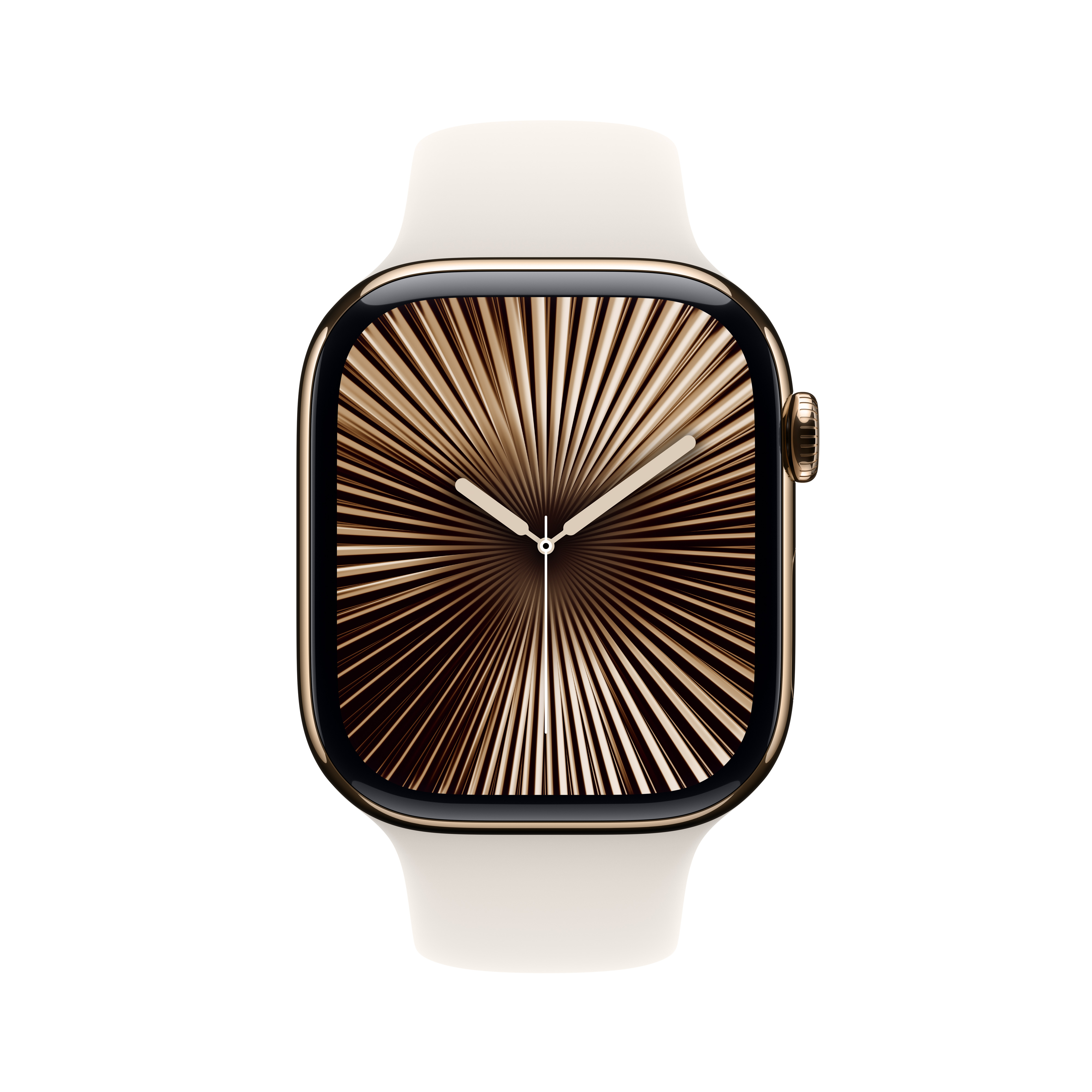 Altın kasalı ve beyaz bantlı Apple Watch, radyal kadranı gösteriyor.
