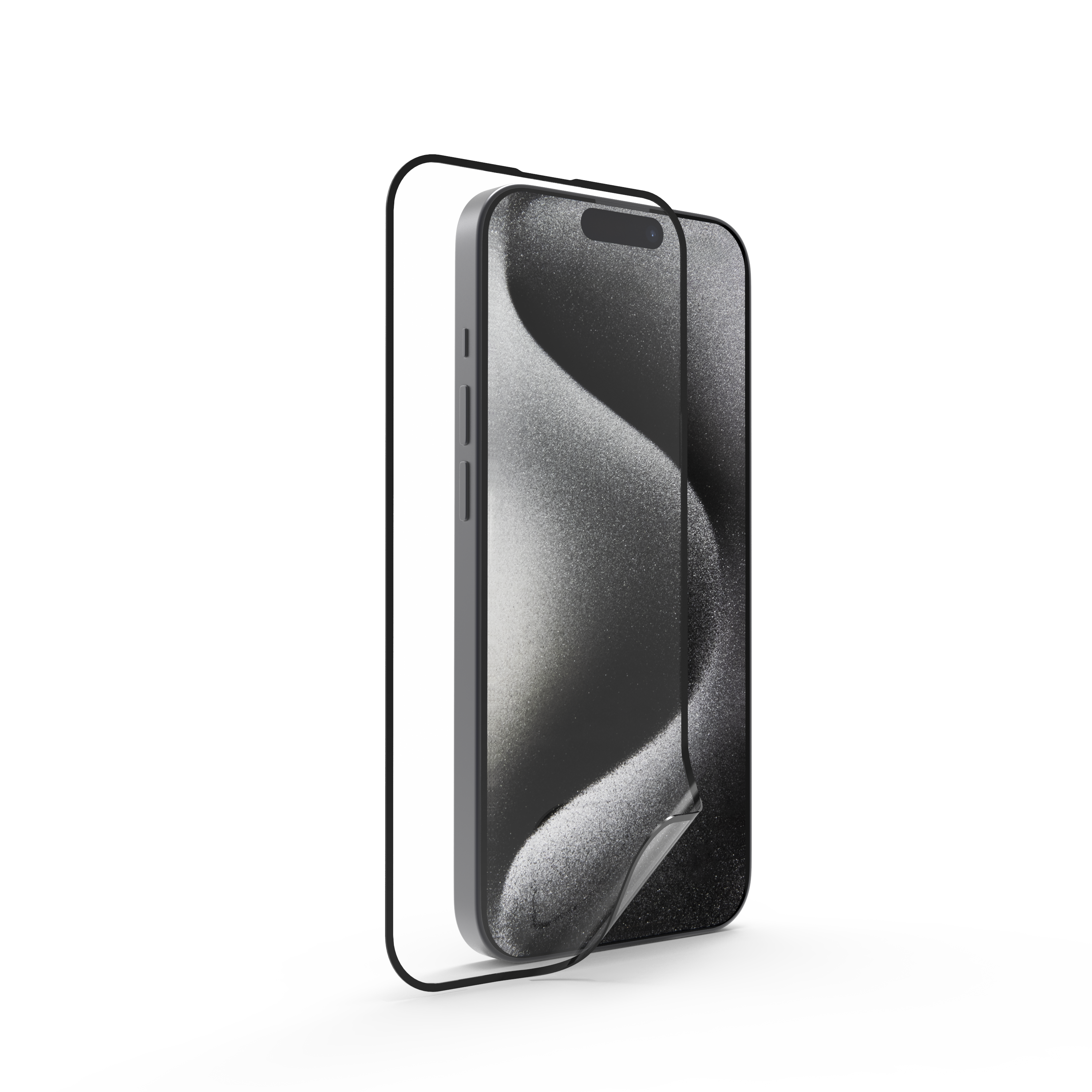 Telefon mit Displayschutz. Schwarzer Rahmen, weißer Hintergrund.