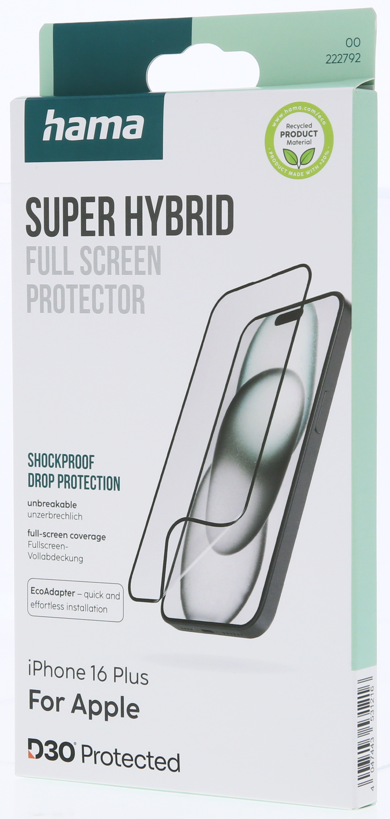 Eine Schutzfolienbox für das Telefon. Auf der Verpackung befinden sich das Telefon und das Bild des Protektors. Für iPhone 16 Plus.