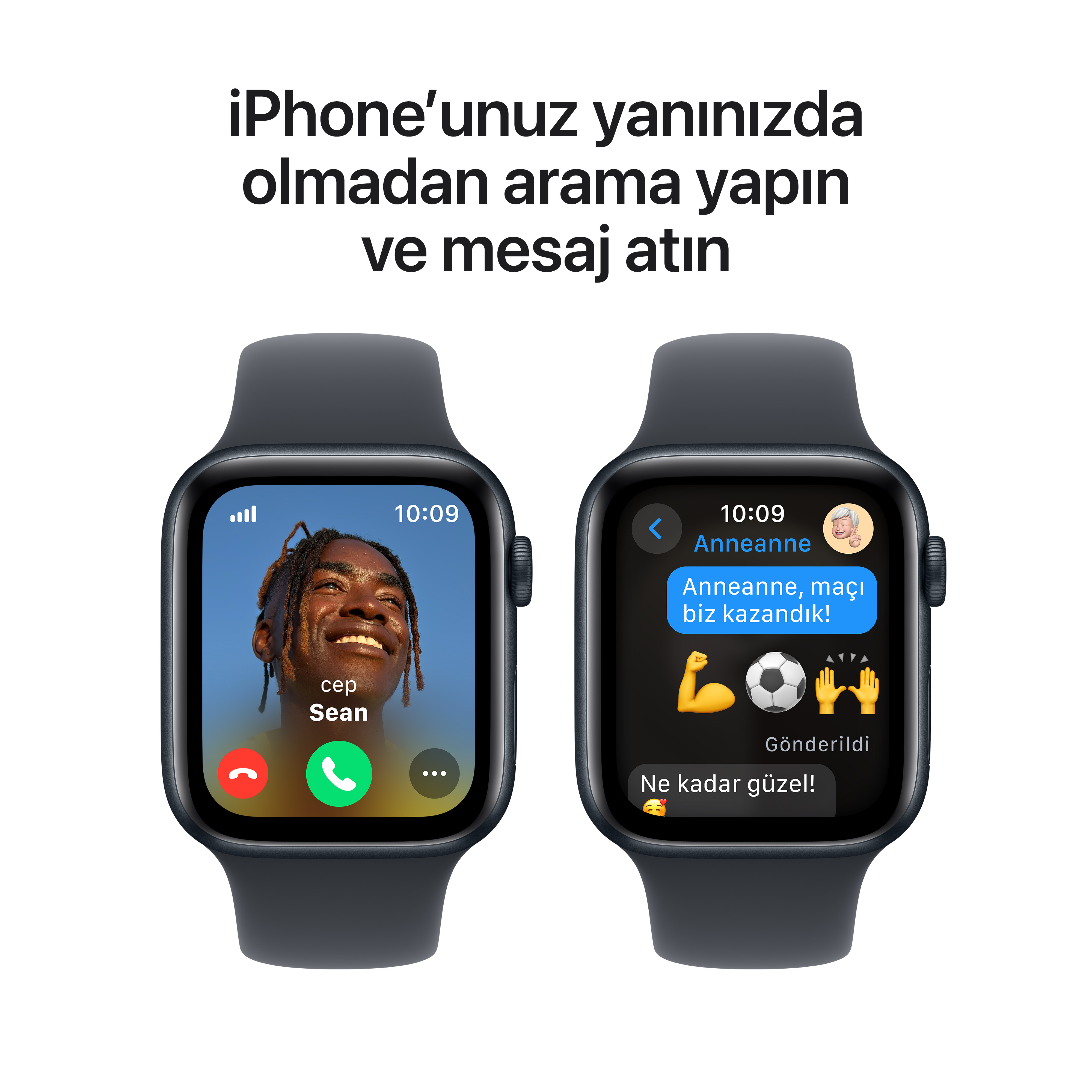 Görüntülü aramalar ve mesajlar gösteren iki akıllı saat. Saatin üzerindeki metin Türkçe.