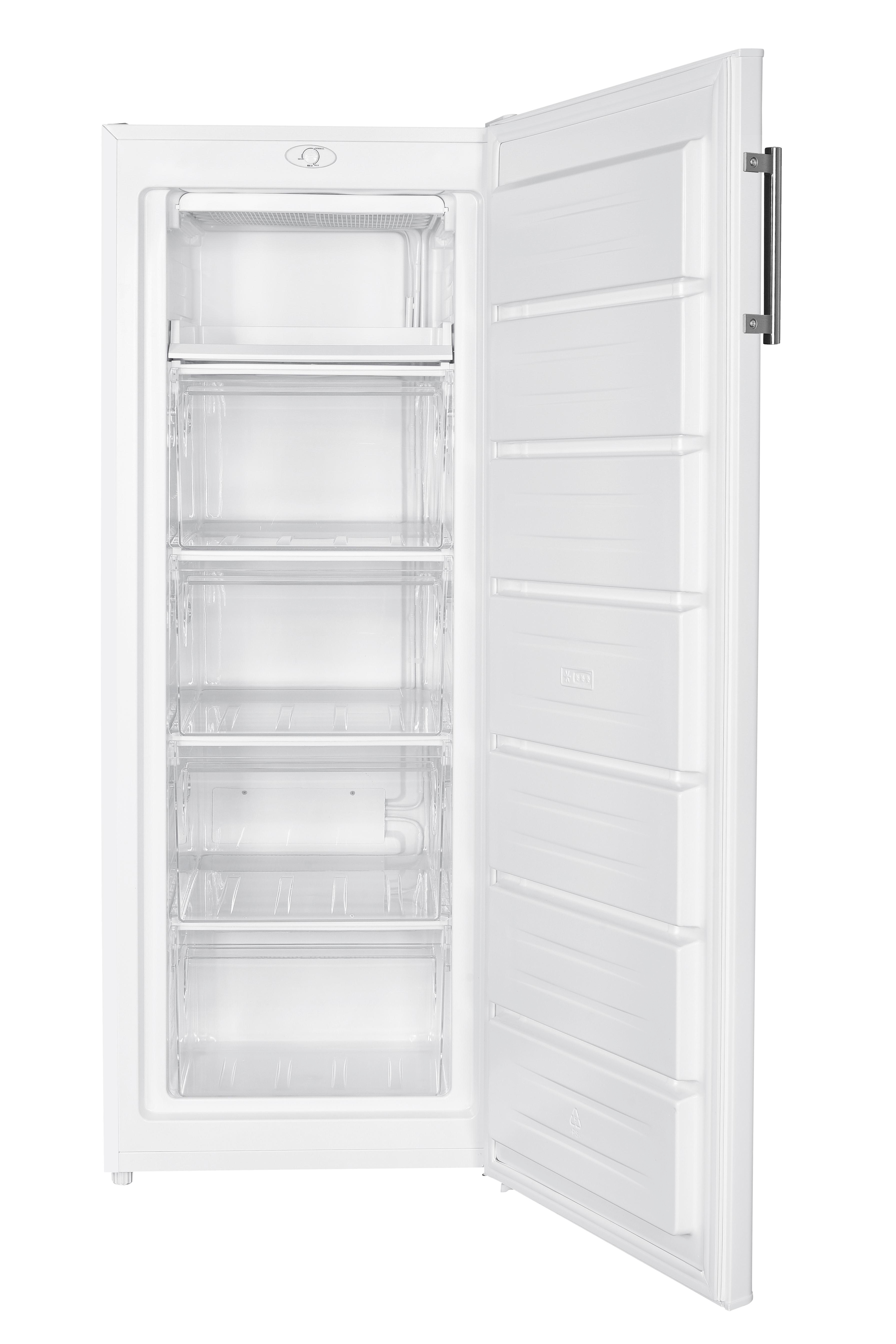 Weißer Kühlschrank mit offener Tür. Innenraum mit Regalen und Schubladen.