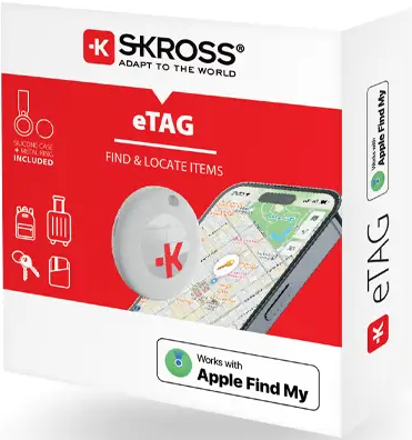 Una scatola bianca e rossa con un piccolo dispositivo di localizzazione. La scatola mostra un oggetto con una mappa. È per Apple Find My.